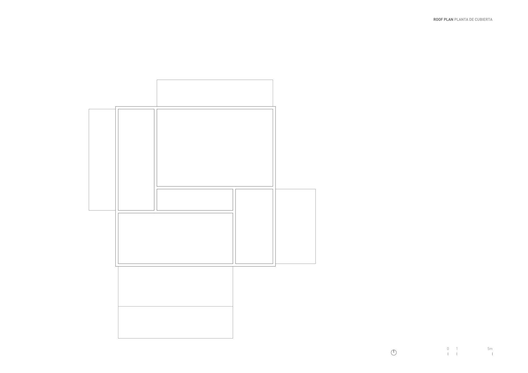 Roof plan drawing showing overlapping rectangular volumes arranged in an offset composition