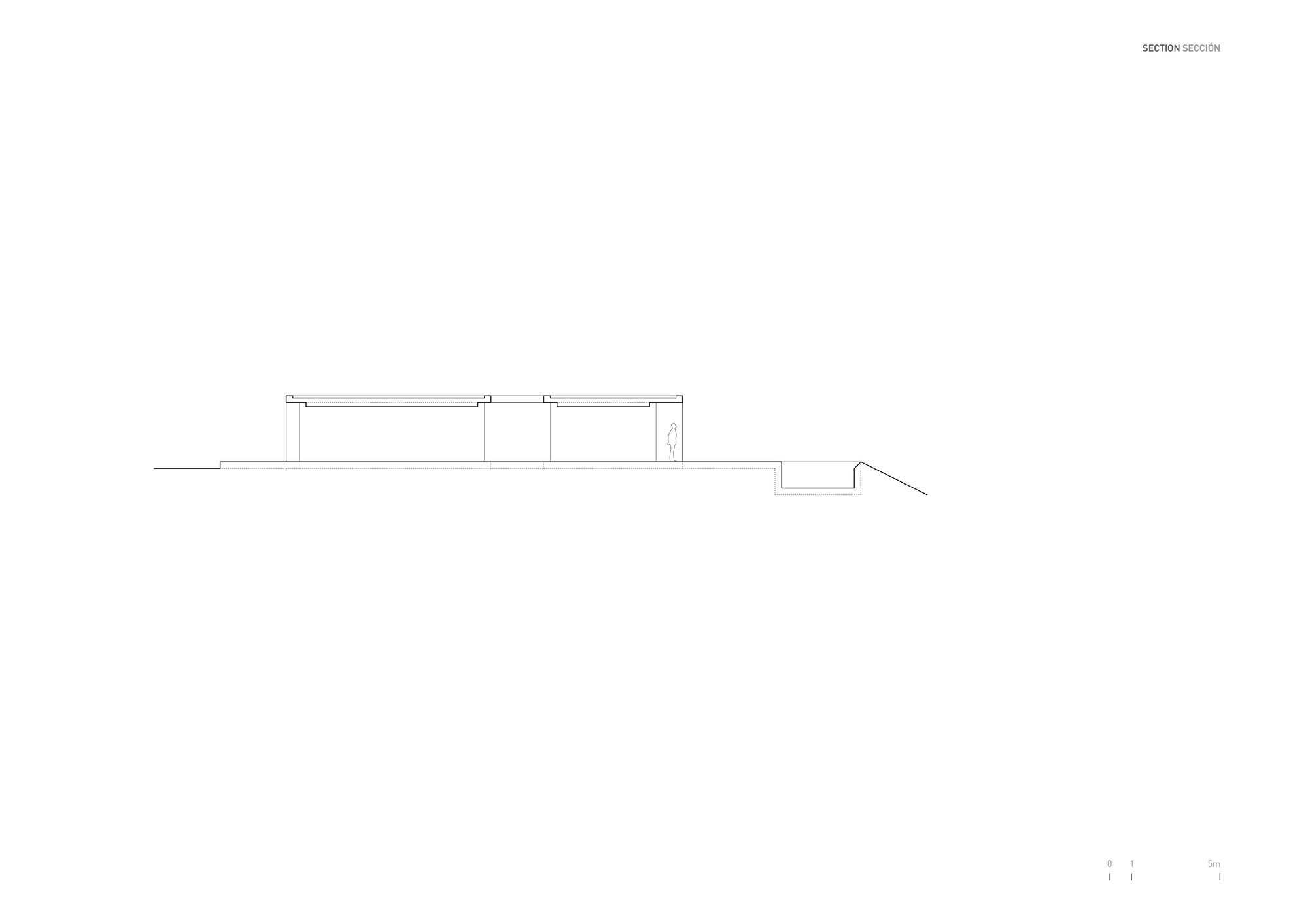 Section drawing depicting a low-slung structure with flat roof planes stepping down a sloped site