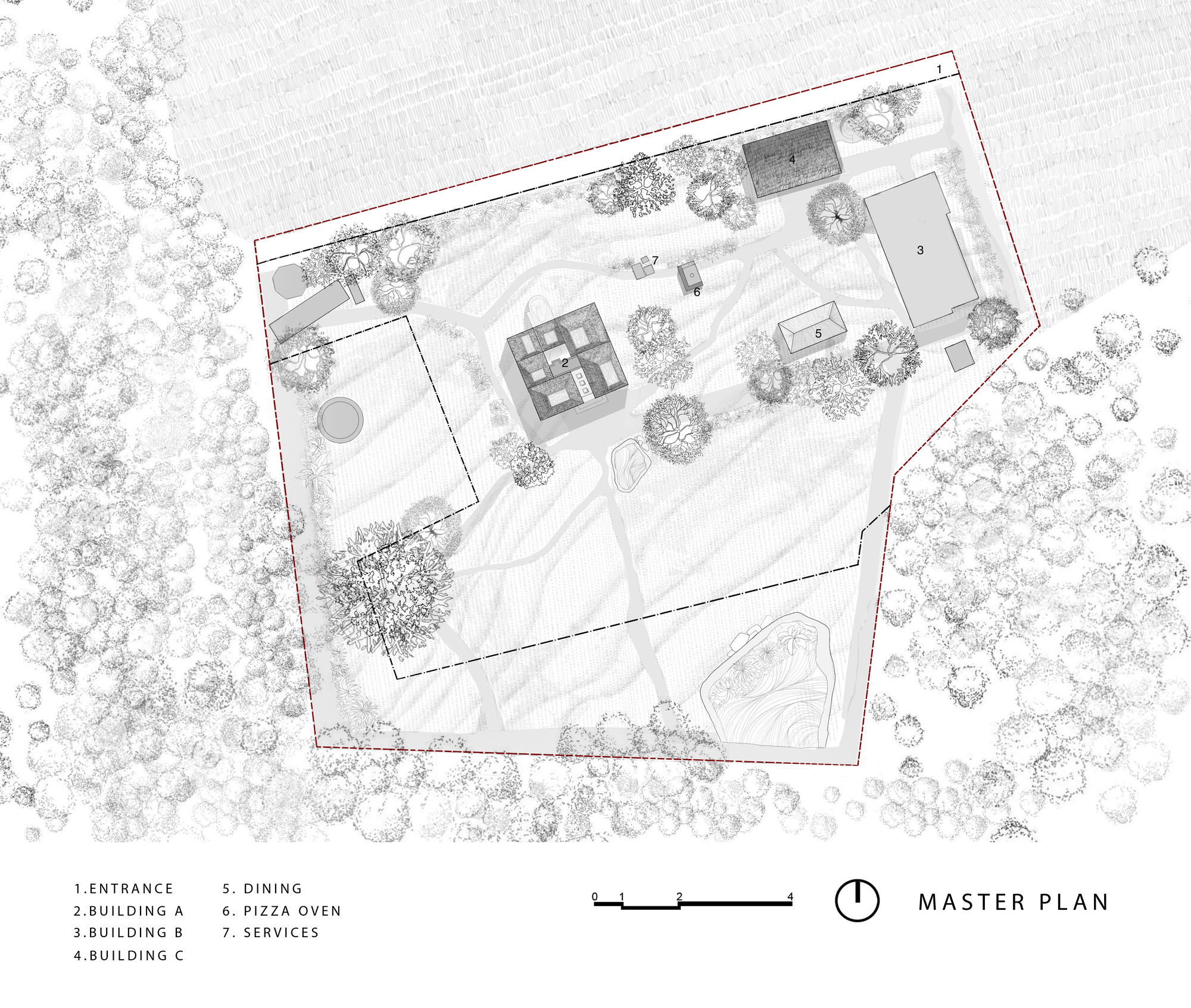 Site plan drawing showing multiple buildings and pathways within an irregular property boundary surrounded by trees