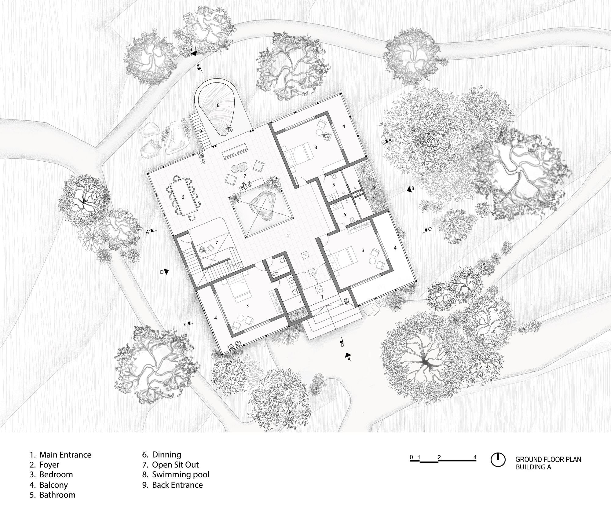 Ground floor plan drawing with rooms arranged around a central courtyard and landscaping with circular tree canopies