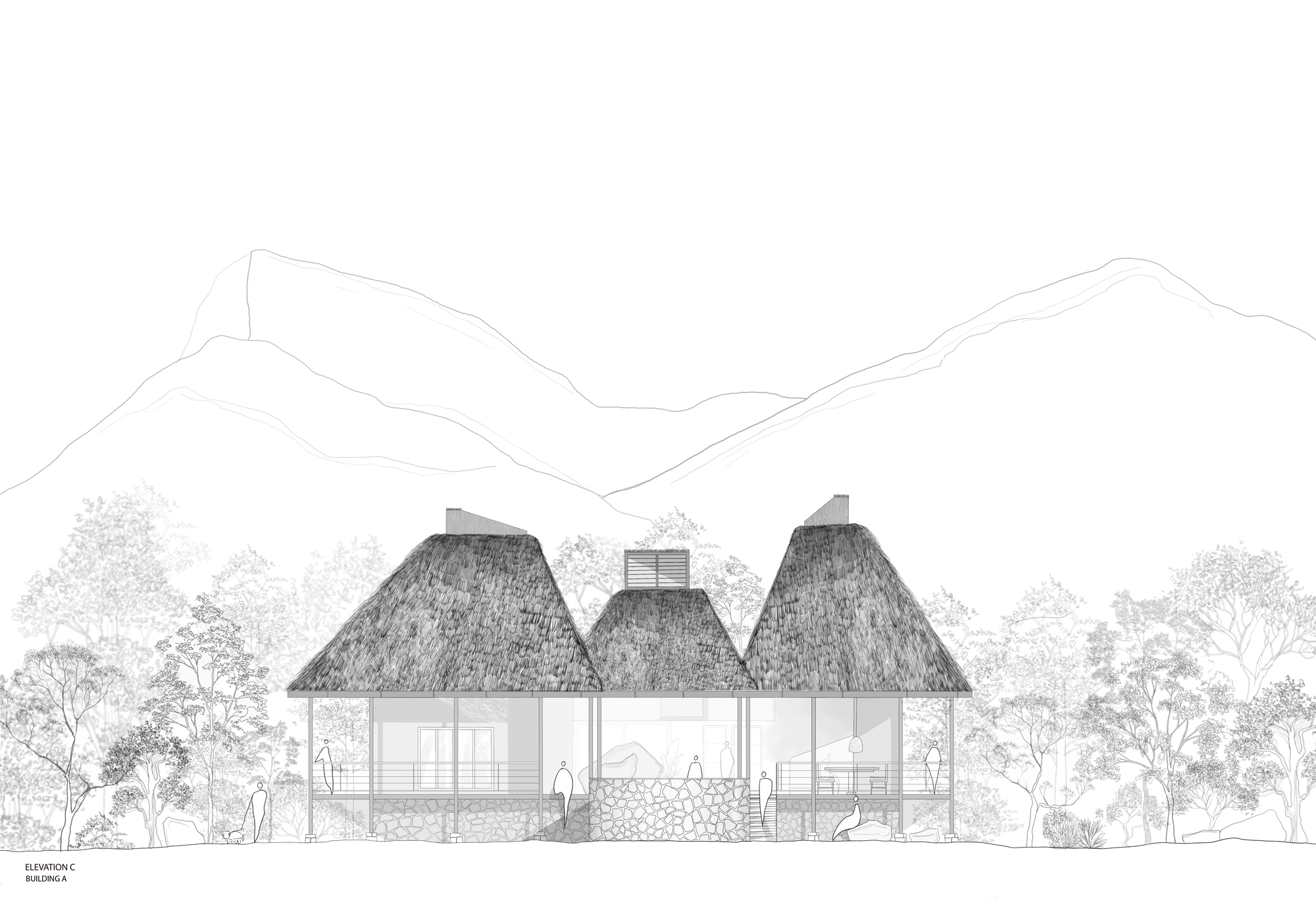 Elevation drawing depicting three pyramidal thatched roofs above a white structure with mountain backdrop