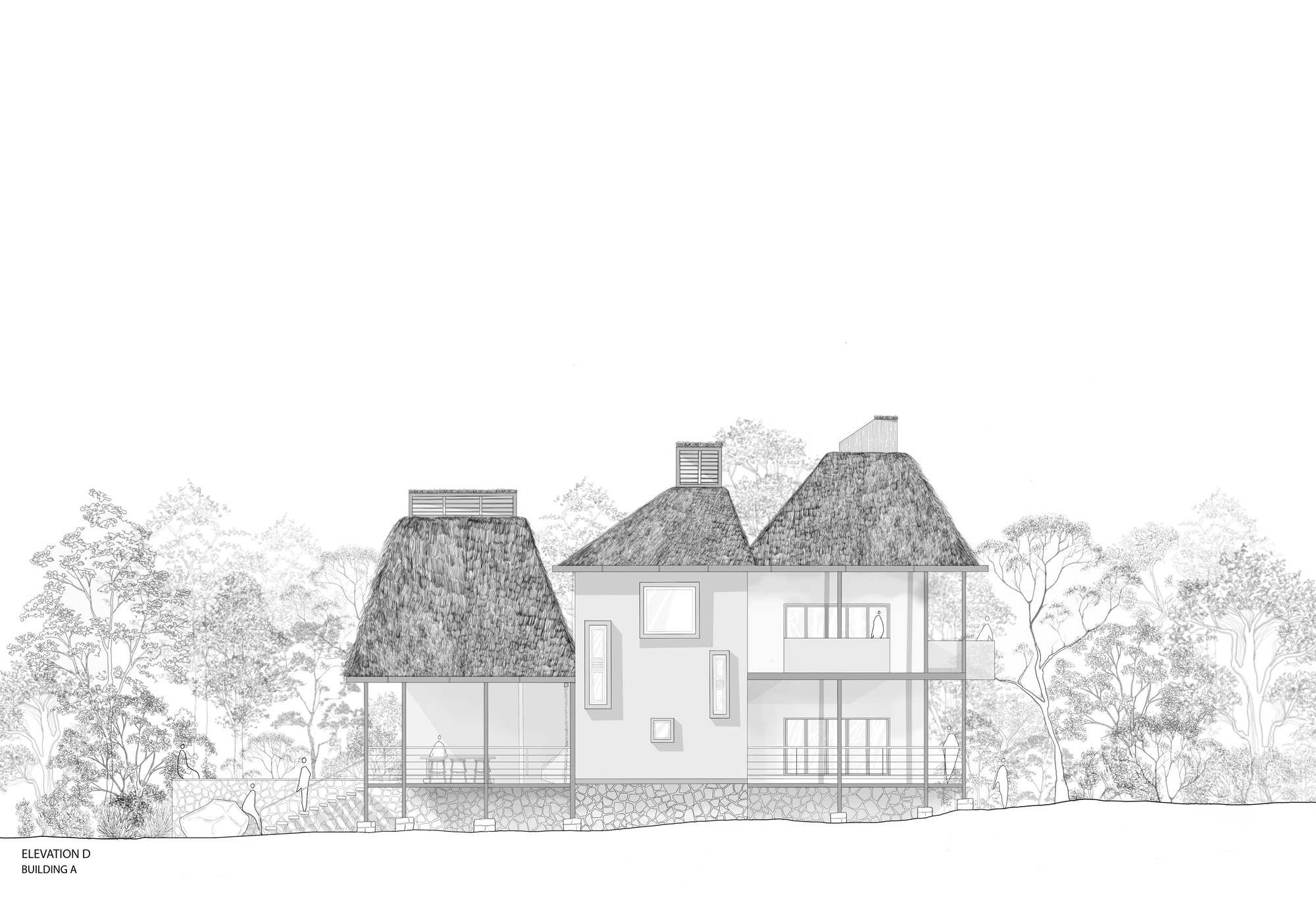 Elevation drawing showing clustered pyramidal thatched roofs atop a white multi-story building among trees