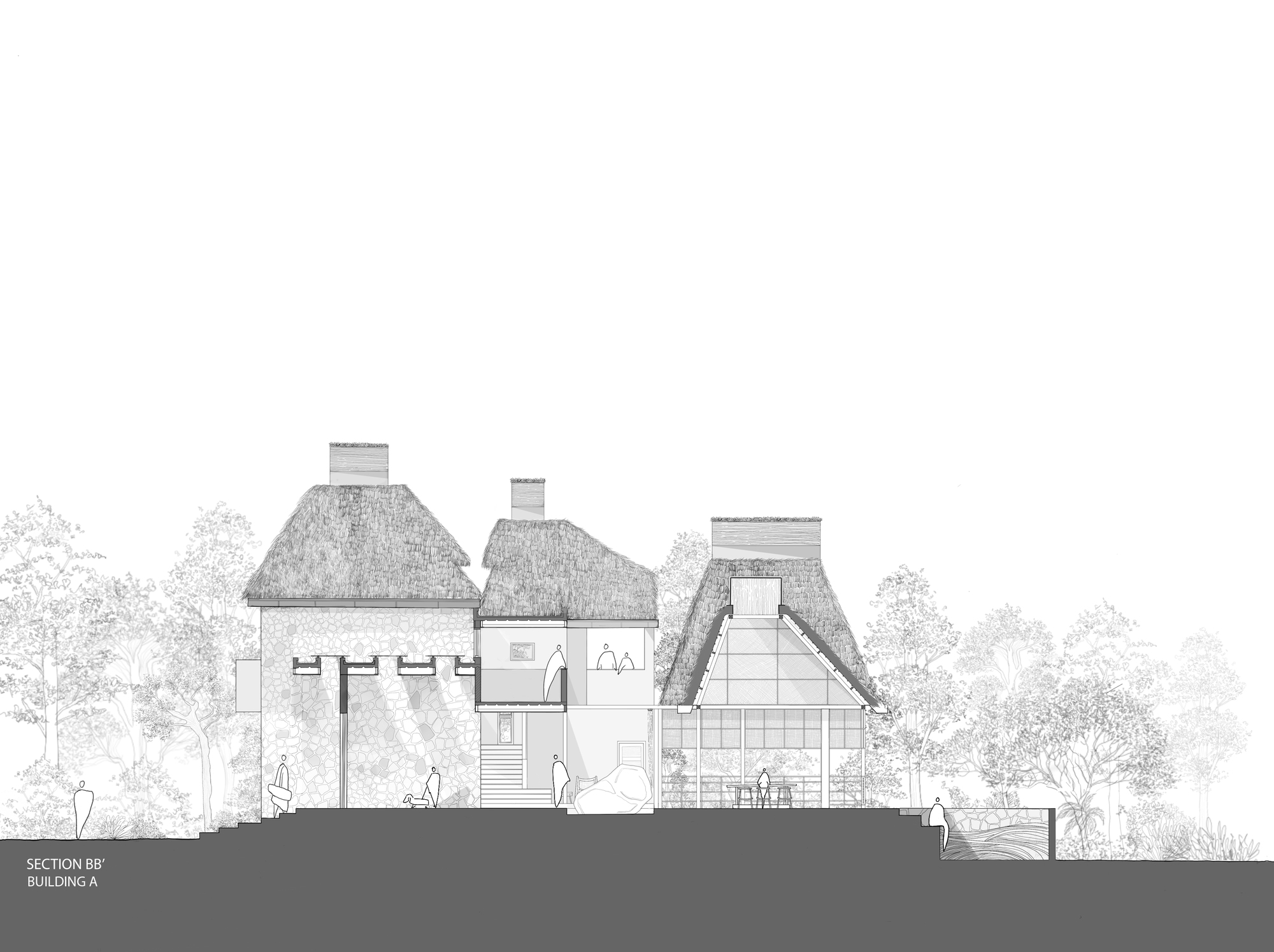 Section drawing cutting through thatched pyramidal roofs exposing two-story interior spaces and exterior terrace