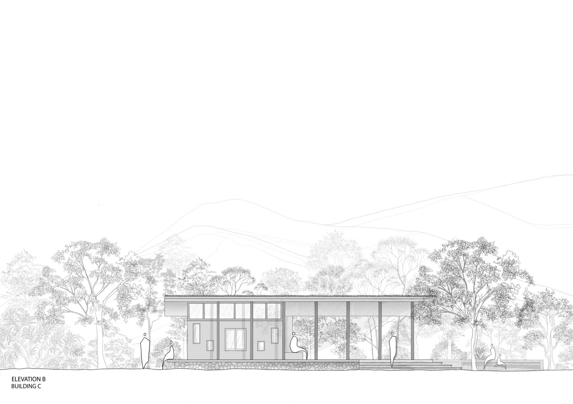Elevation drawing showing the fully glazed rear facade with floor-to-ceiling windows and distant mountain ridgeline