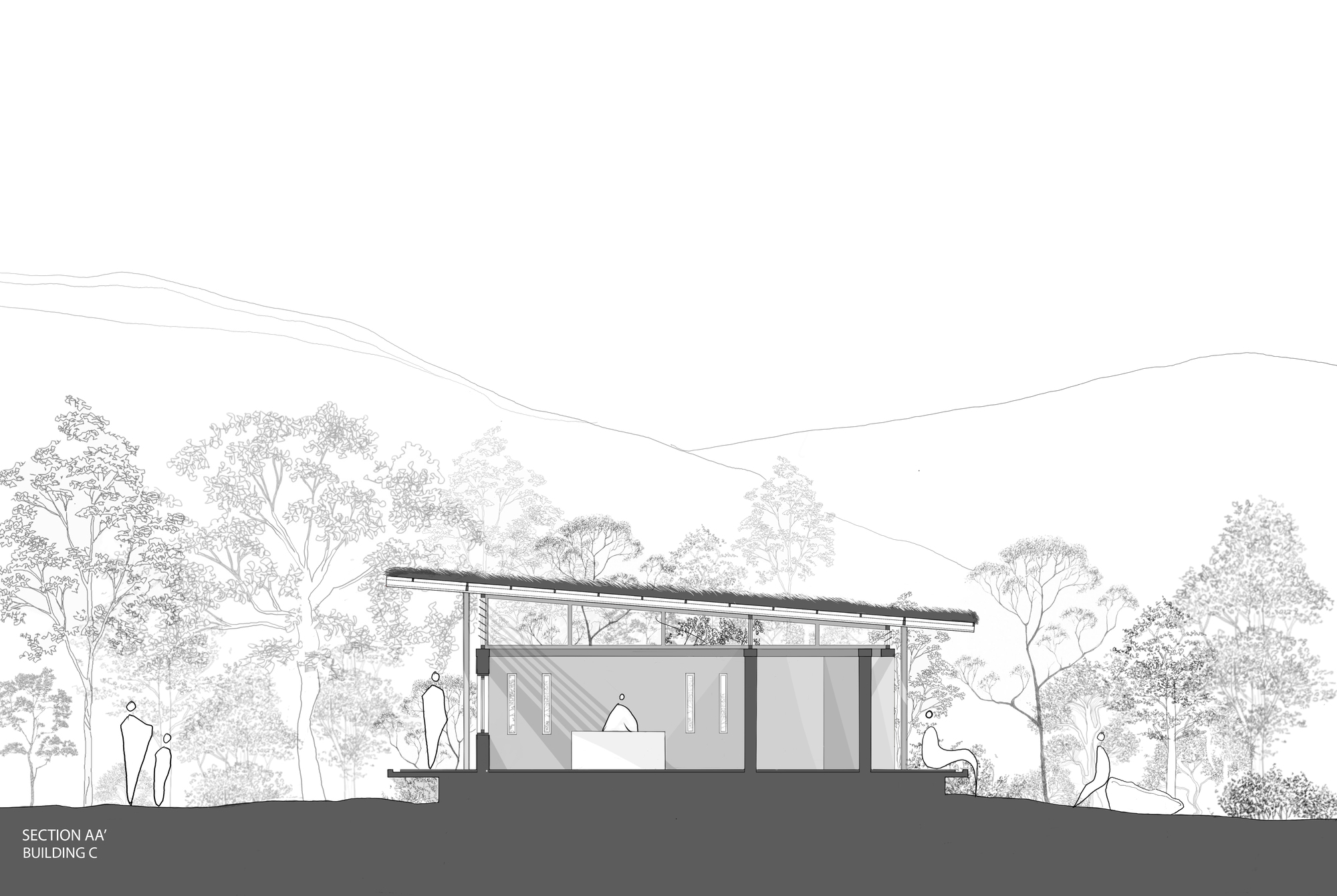 Section drawing revealing interior spaces beneath a sloping roof with figures and surrounding tree canopy