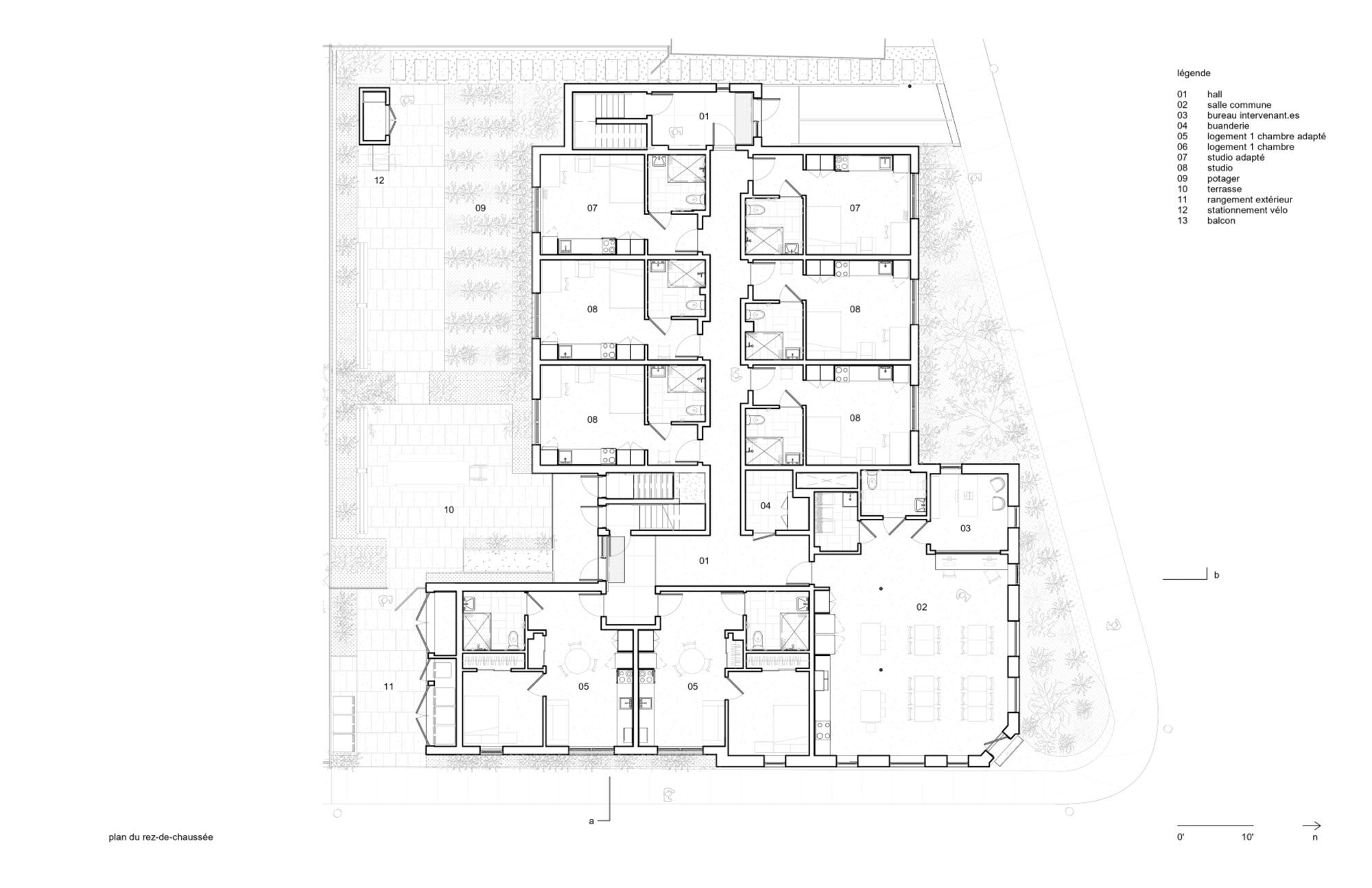 Ground floor plan drawing showing residential units arranged around a central corridor with landscaped courtyards