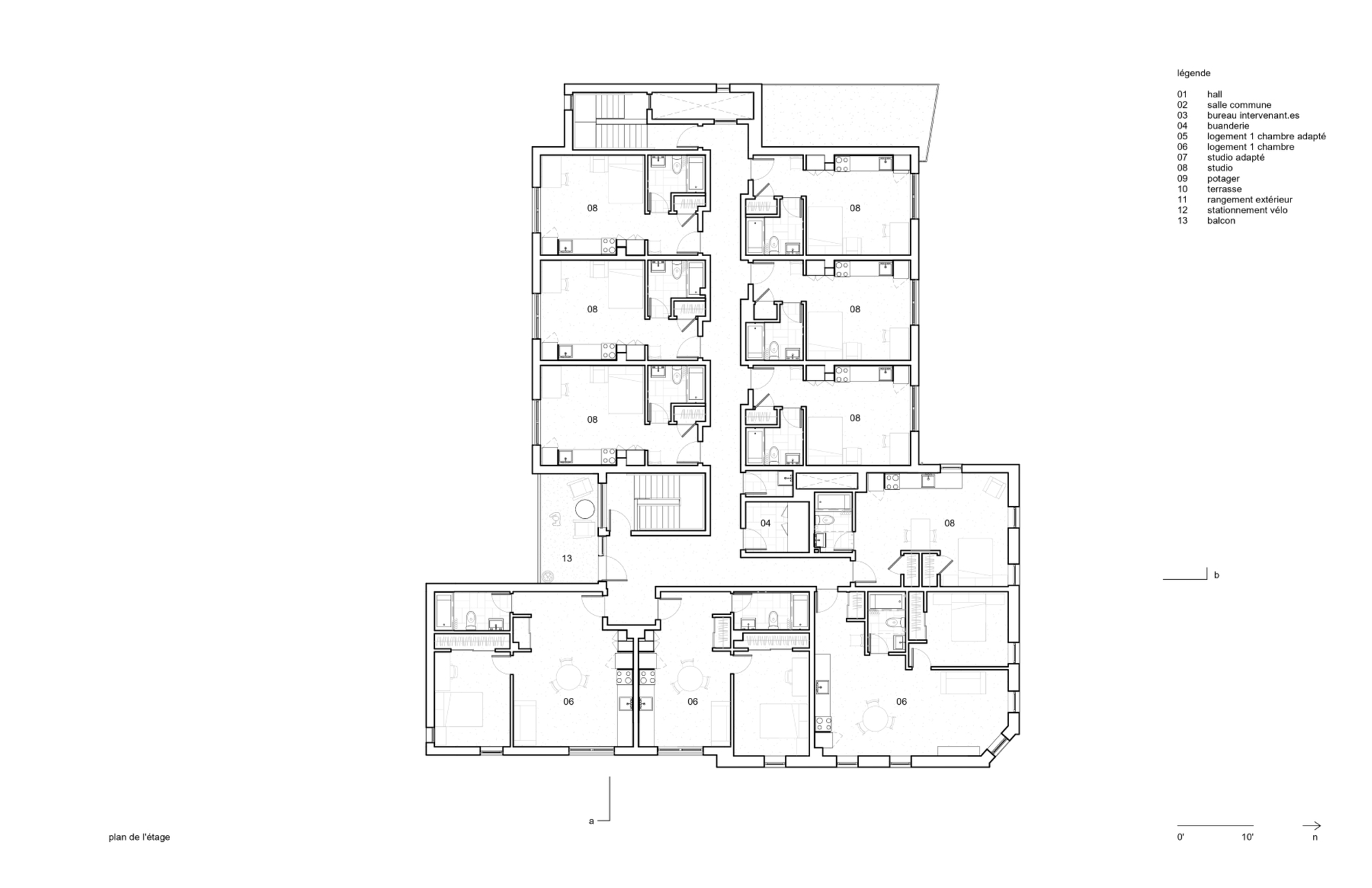 Upper floor plan drawing showing residential units with private bathrooms and shared circulation spaces