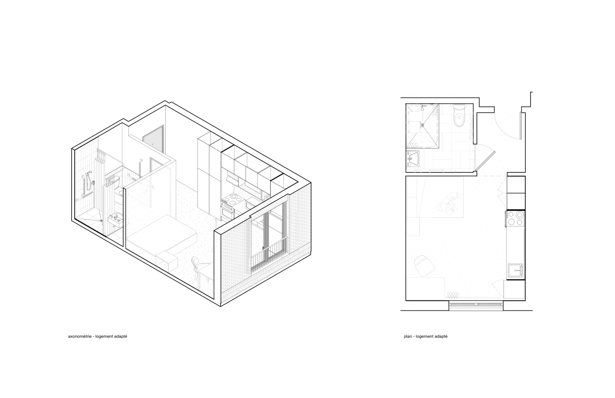 Axonometric drawing and floor plan of a single residential unit with bathroom and living space