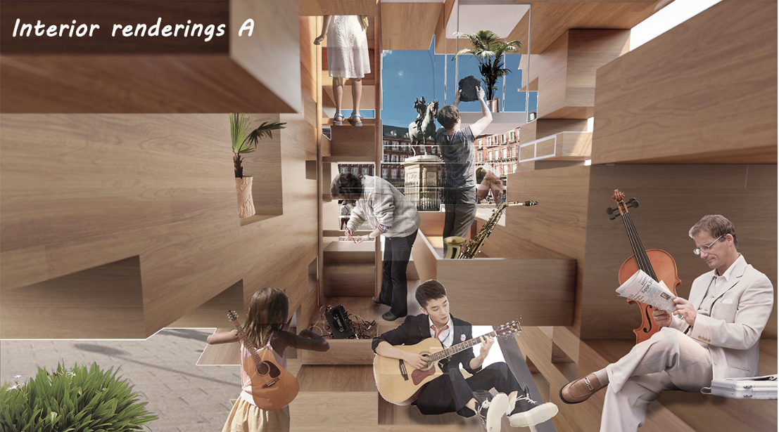 Layered modular spaces enable simultaneous performance, practice, and audience interaction.