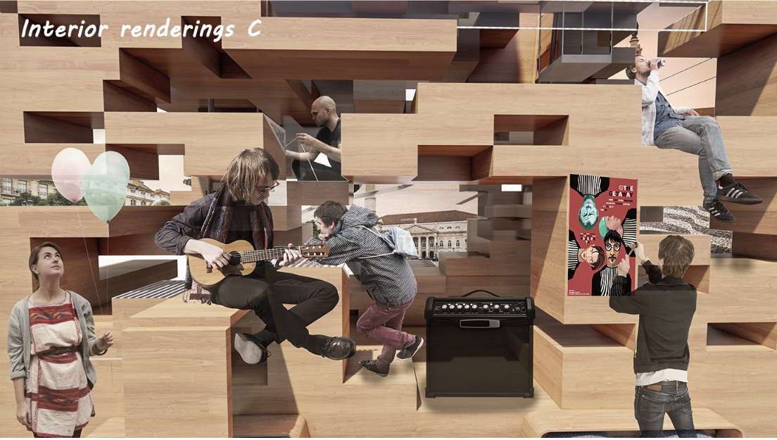 Interlocking blocks form flexible stages, seating, and exhibition surfaces.