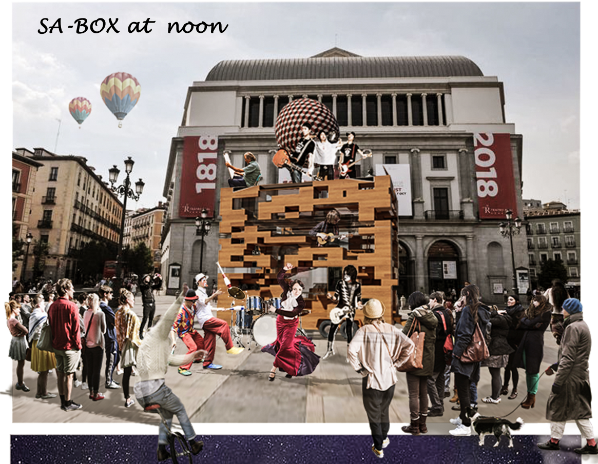 A mobile public stage activates the square with diverse street performances.