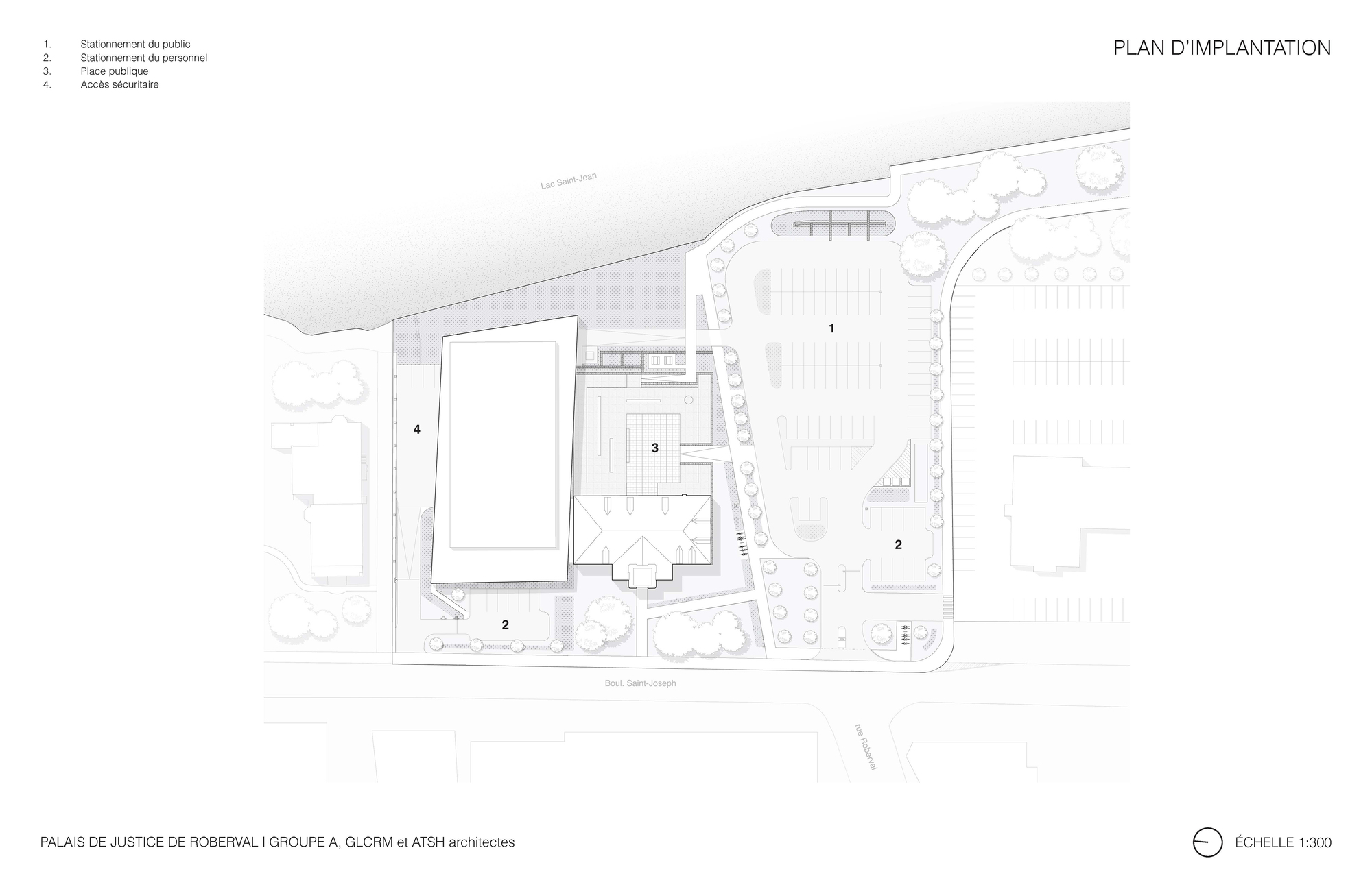 Site plan drawing showing the building footprint in relation to surrounding streets and parking areas
