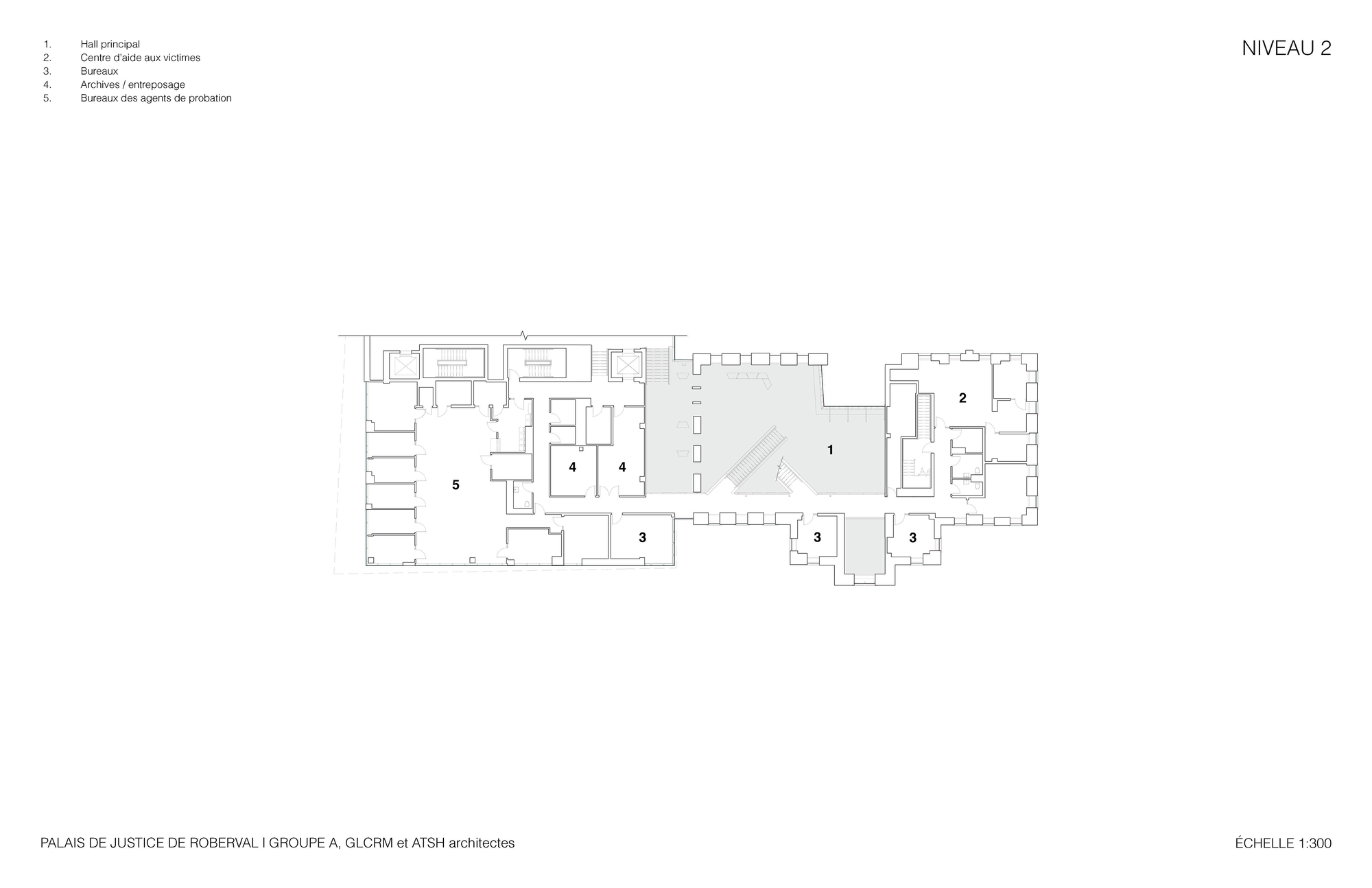 Second level floor plan showing two linked wings with office spaces and corridors
