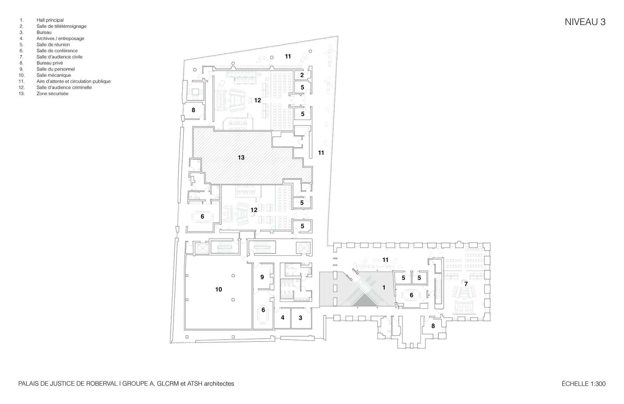 Third level floor plan showing courtrooms and meeting rooms arranged around a central void