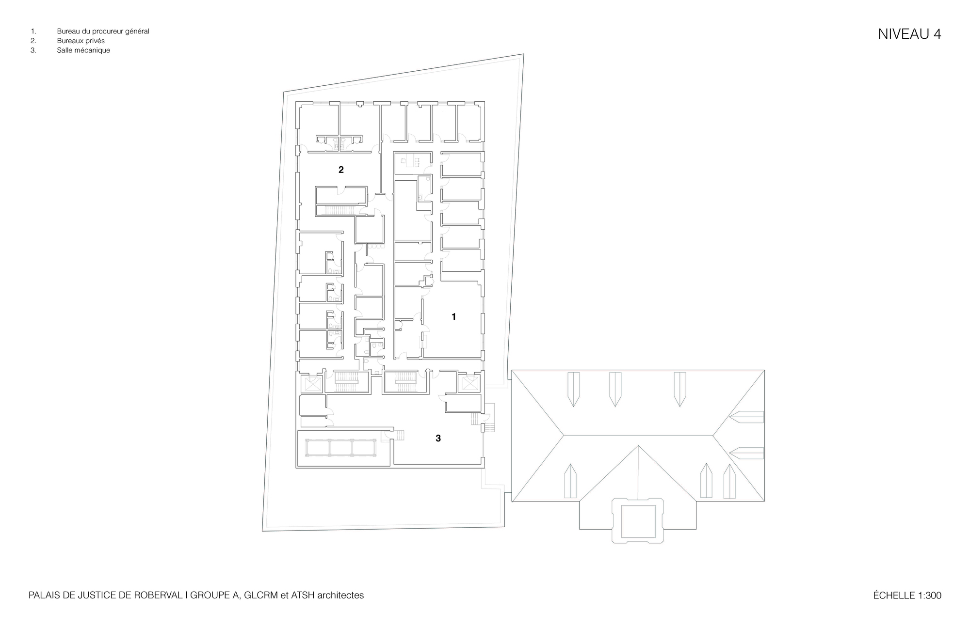 Floor plan drawing showing an irregular trapezoidal layout with numbered zones and an attached courtyard volume
