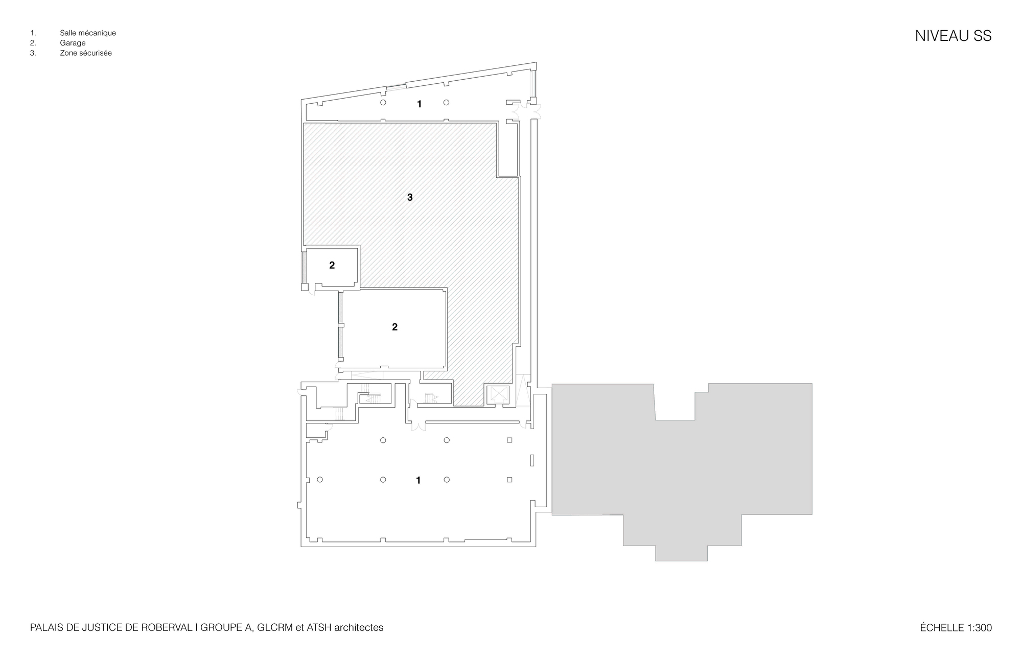 Basement level floor plan drawing showing a large hatched hall space and adjacent service rooms