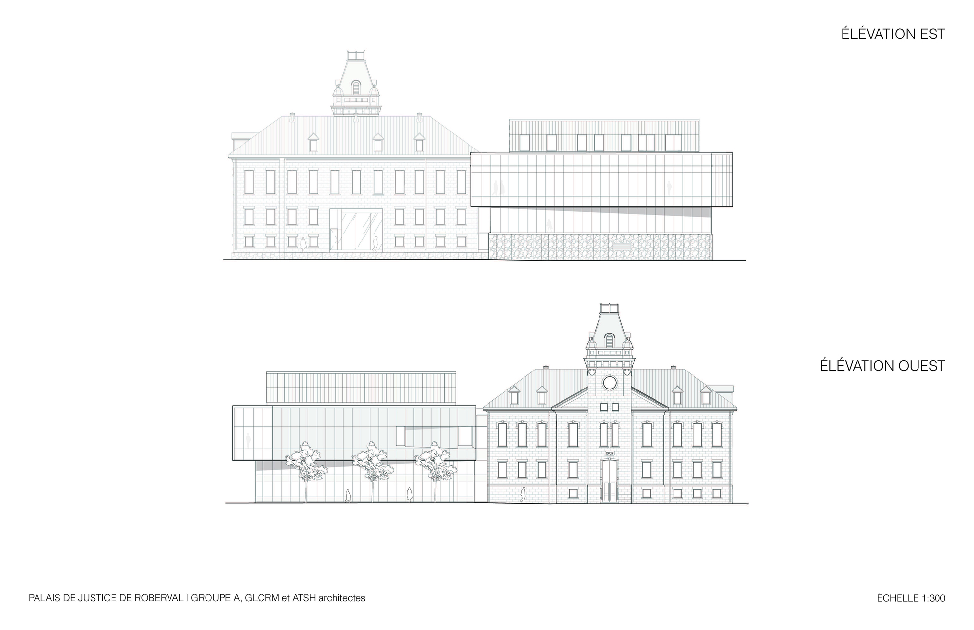East and west elevation drawings showing a historic clock tower building connected to a horizontal addition