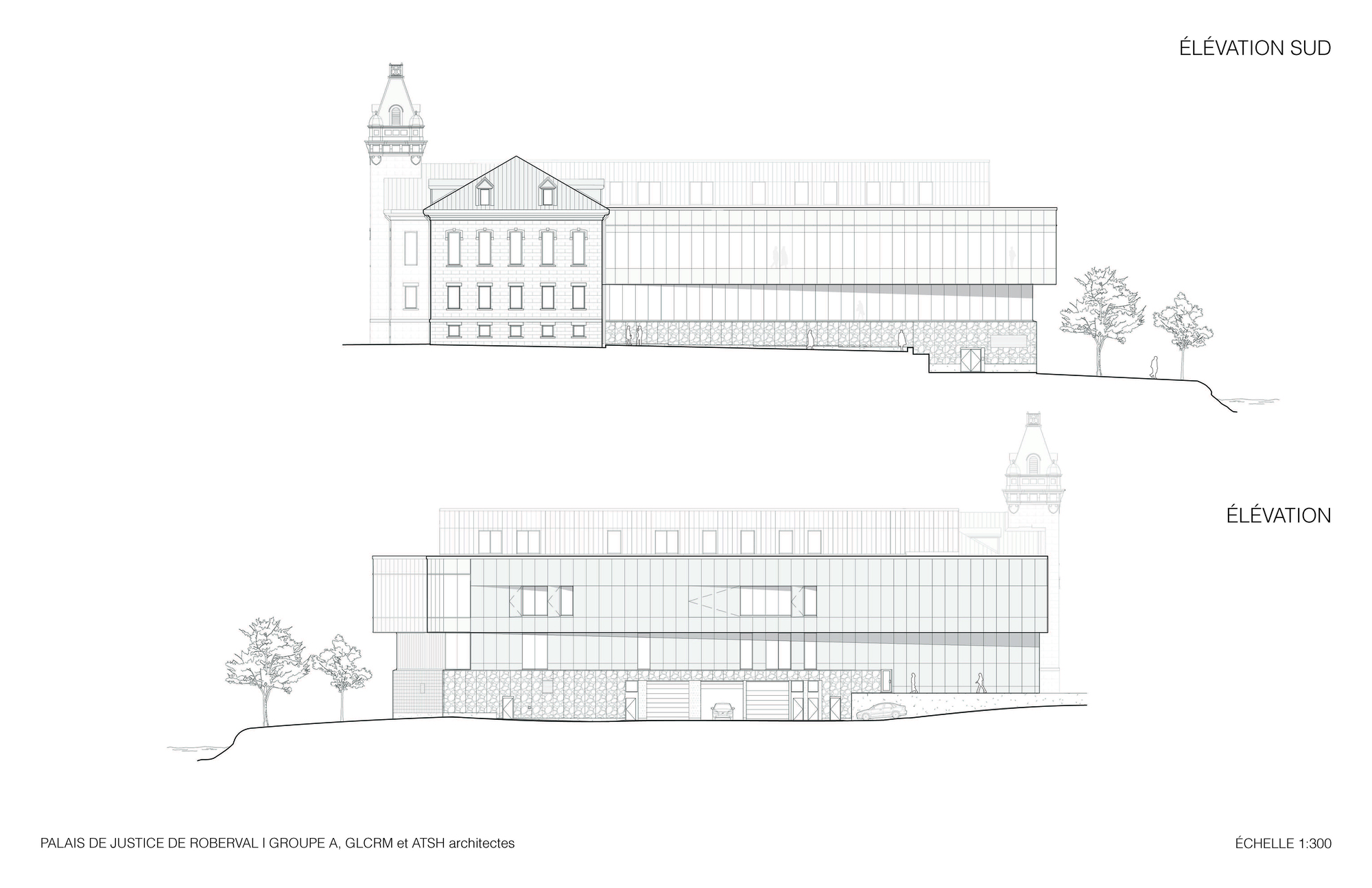 South elevation drawing showing the historic tower beside a horizontal volume with trees in the landscape