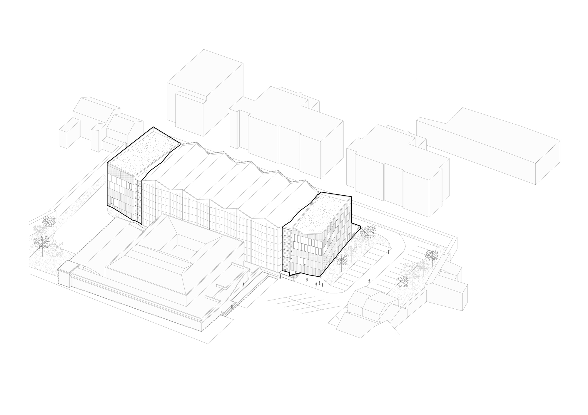 Axonometric drawing showing a glazed building volume within surrounding urban context