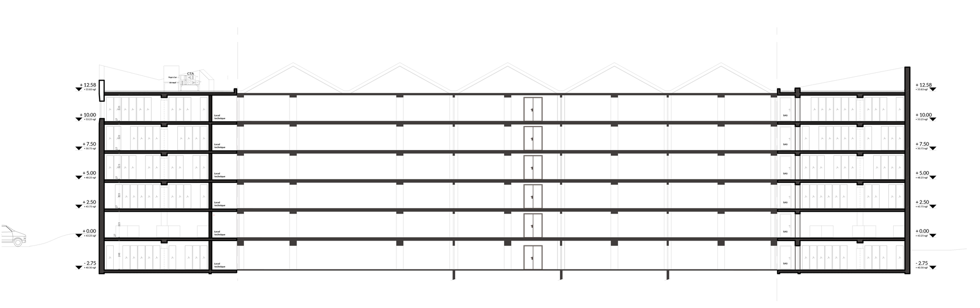 Floor plan drawing showing a long rectangular layout with central circulation core and stairwells at each end