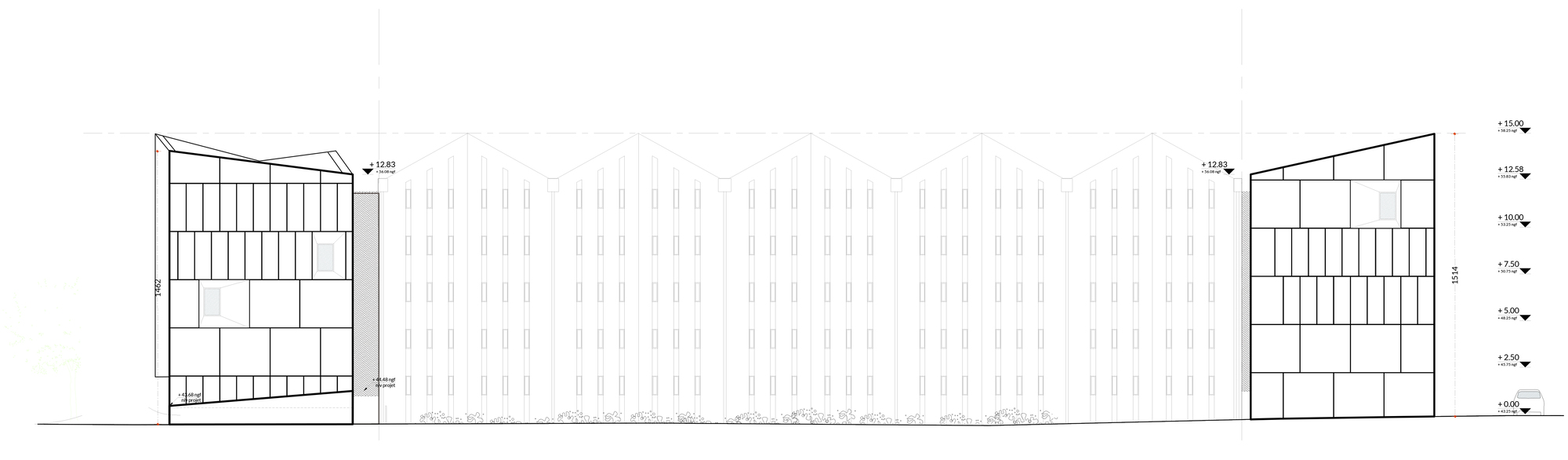 Elevation drawing depicting two multi-story end volumes flanking a long horizontal glazed central section