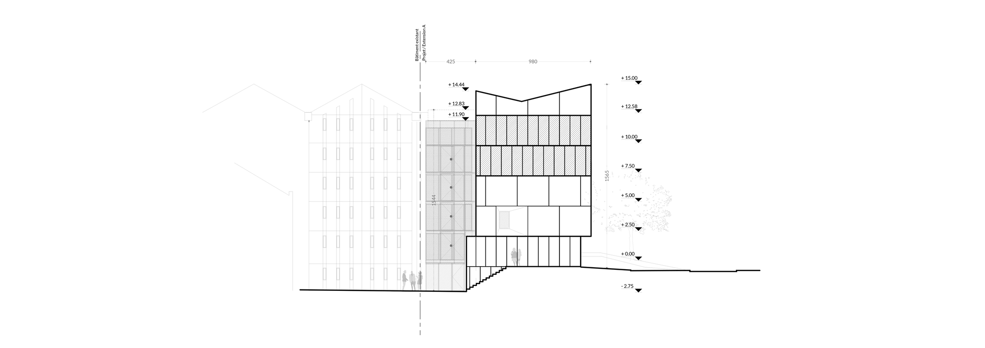 Elevation drawing of the corner condition where the taller volume meets the horizontal glass facade