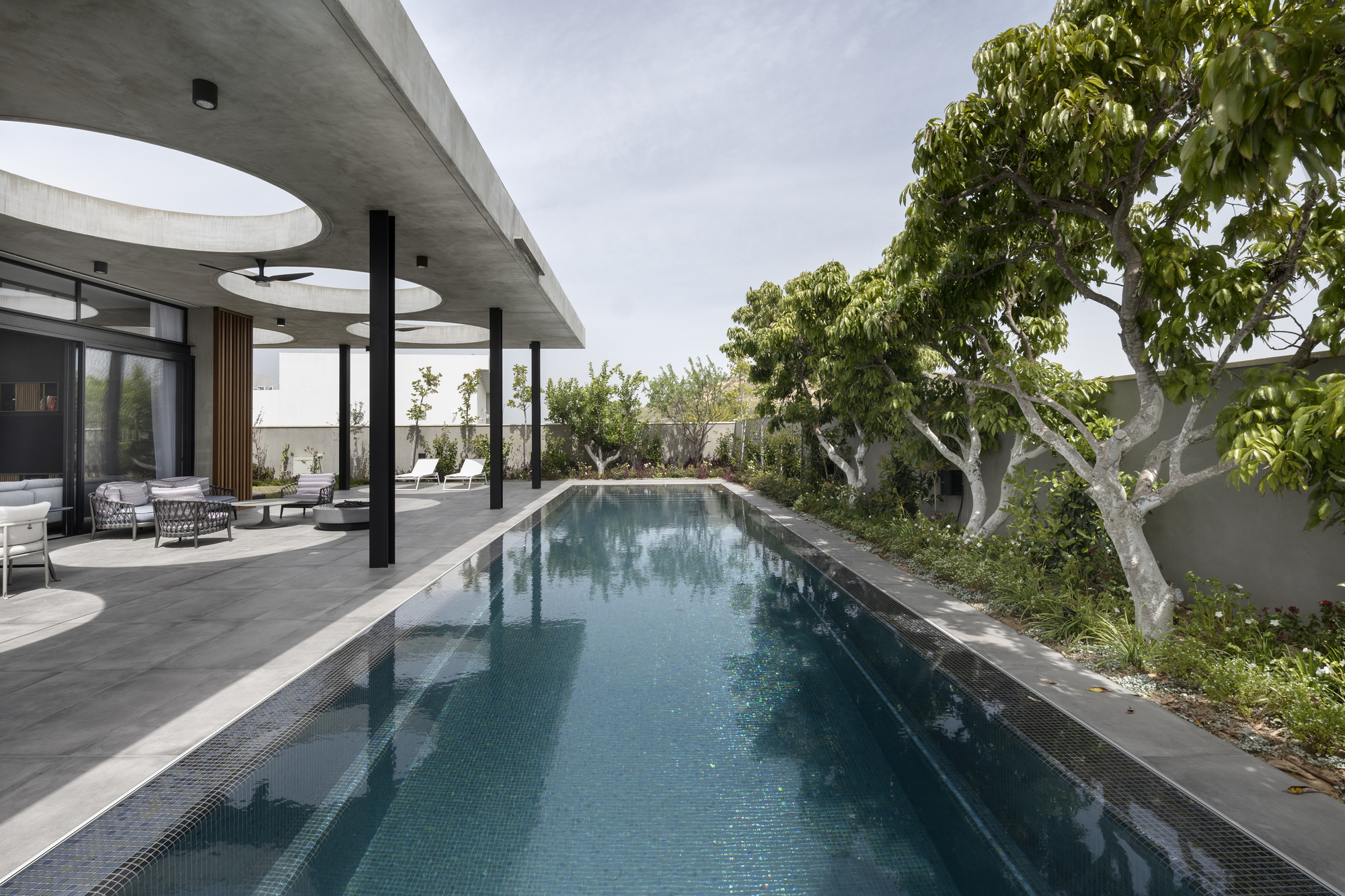 Long lap pool bordered by paving and mature trees under a concrete canopy with circular skylights