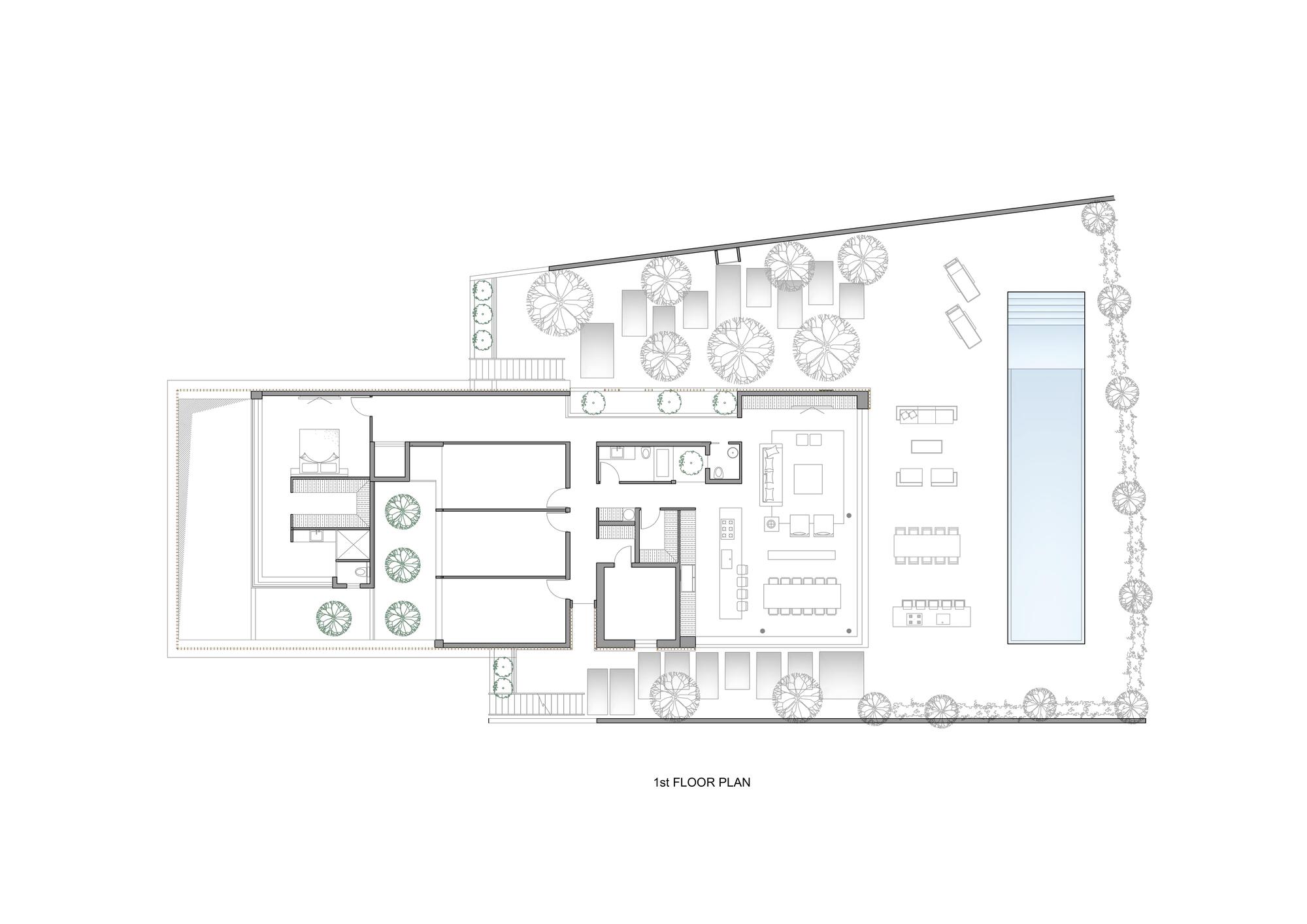 First floor plan showing central stair hall with living spaces and pool terrace