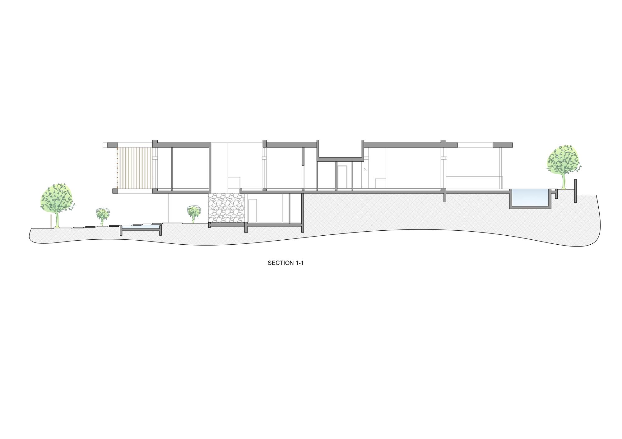 Section drawing showing split level volumes stepping with sloped site and landscaping