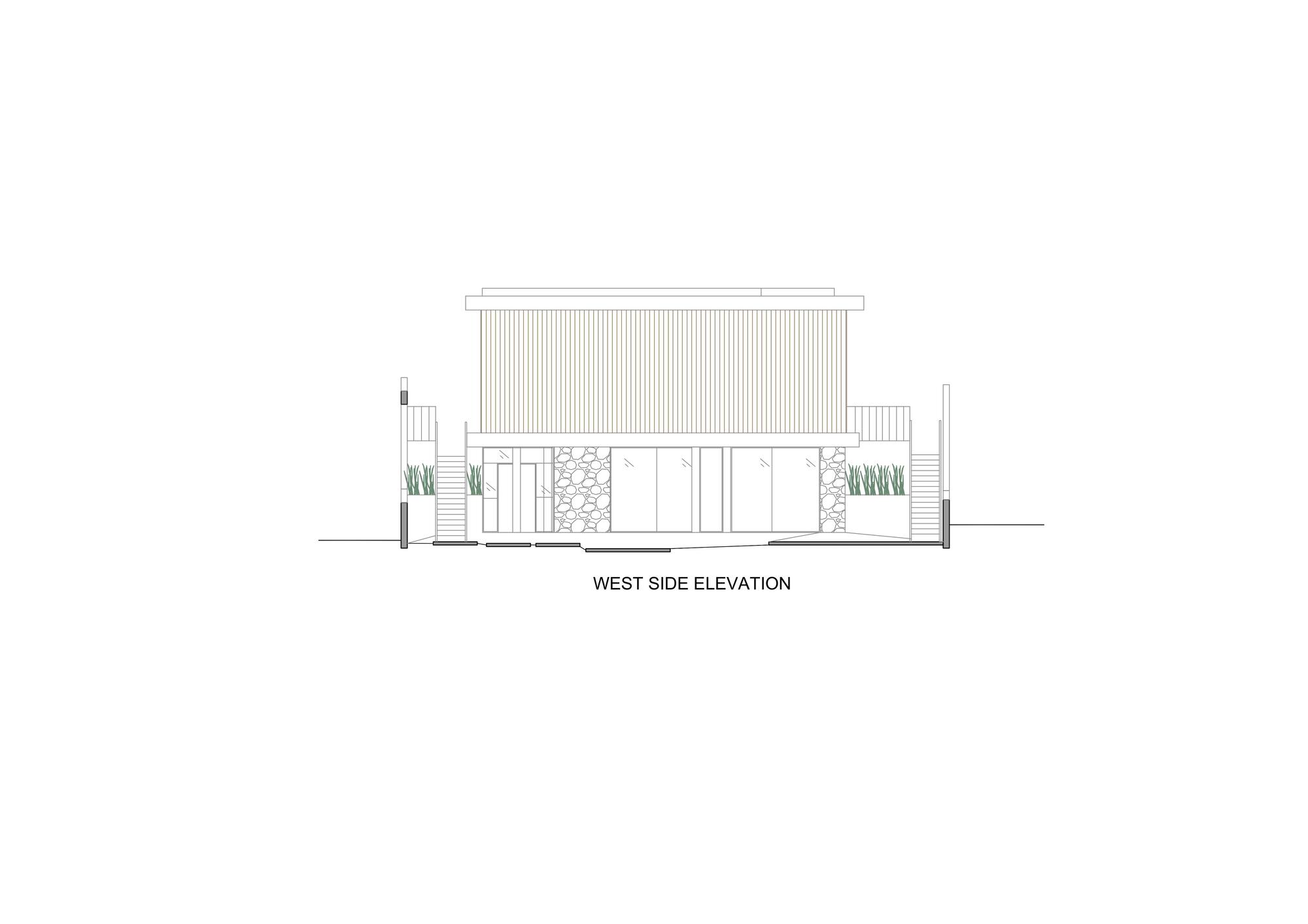 West elevation drawing showing a two-level structure with vertical cladding and planted areas at grade