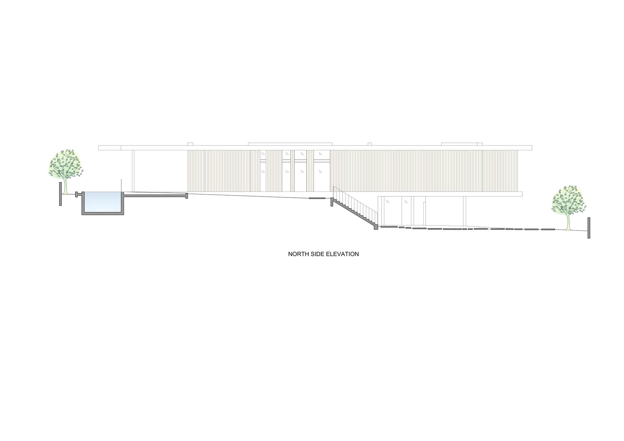 North elevation drawing showing a linear structure with vertical screening and exterior stair on sloped terrain