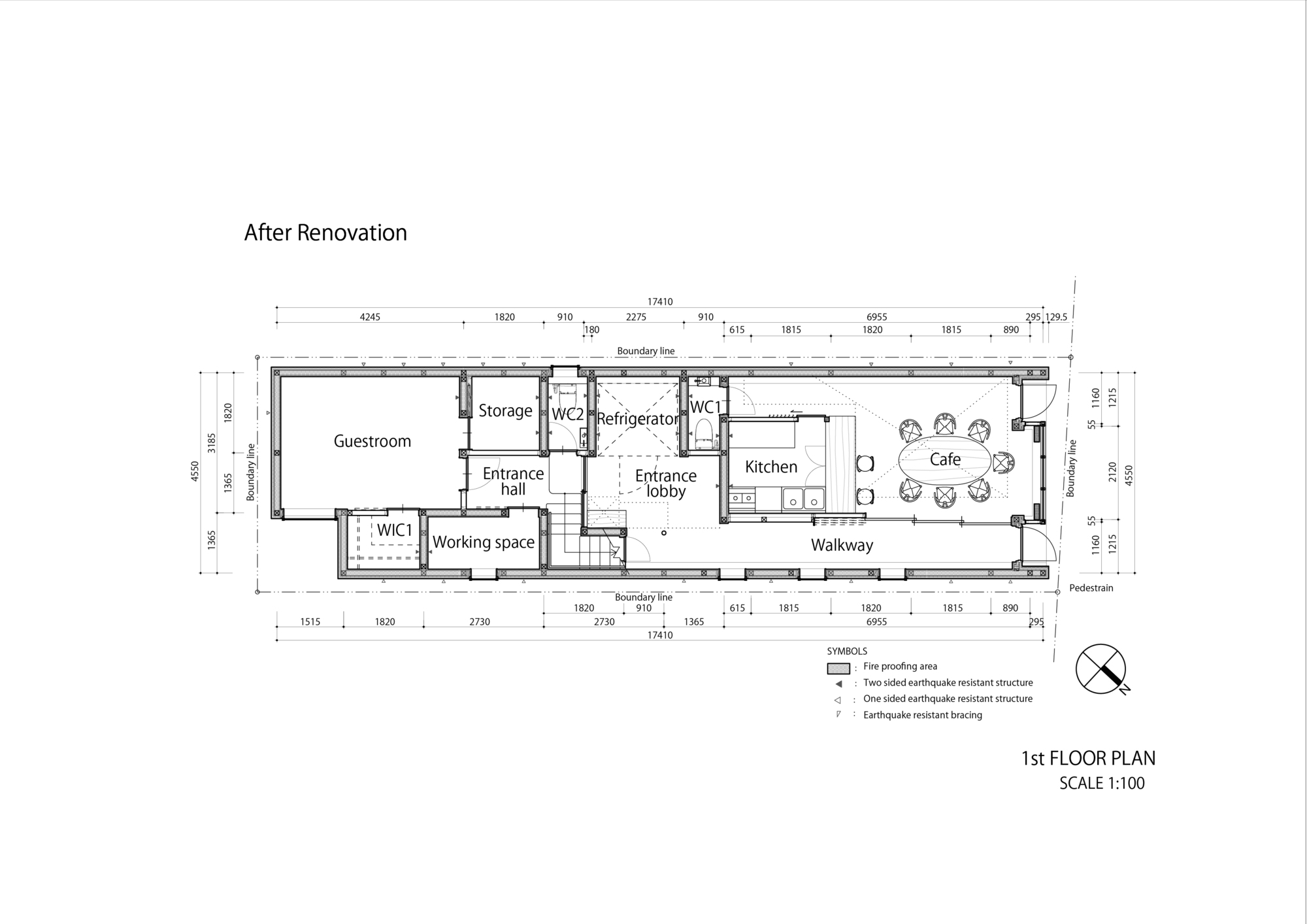 First floor plan drawing showing guestroom, entrance hall, kitchen, and cafe after renovation