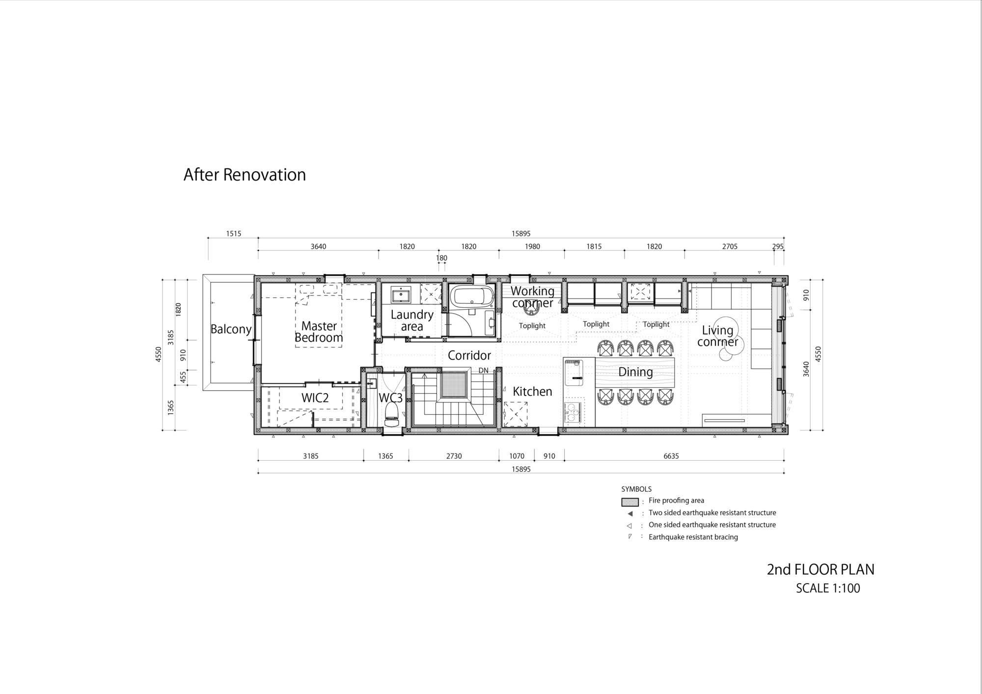 Second floor plan drawing showing master bedroom, working corner, and dining area after renovation
