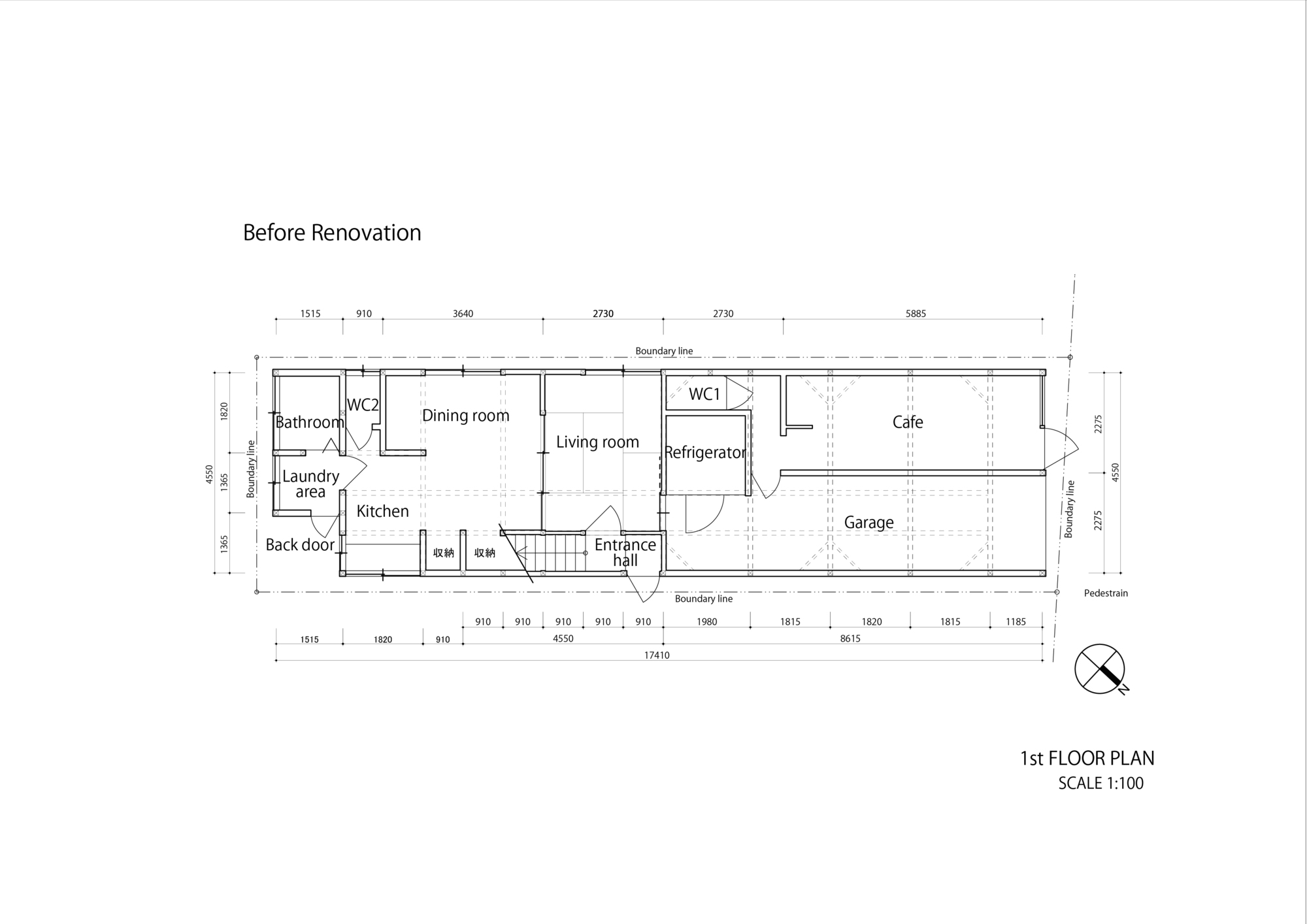 First floor plan drawing showing dining room, living room, and garage before renovation
