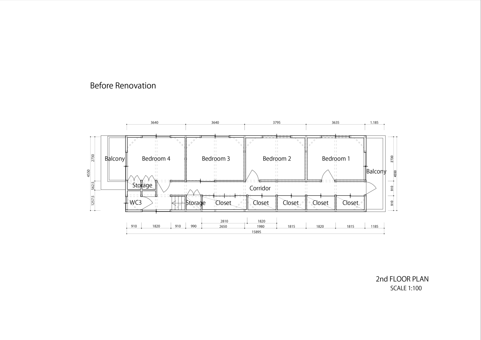 Second floor plan drawing showing four bedrooms and corridor with closets before renovation