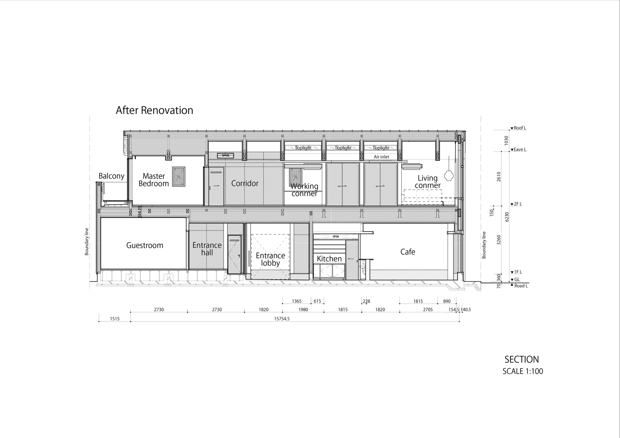 Section drawing showing the linear arrangement of rooms from balcony through bedrooms to living areas and cafe