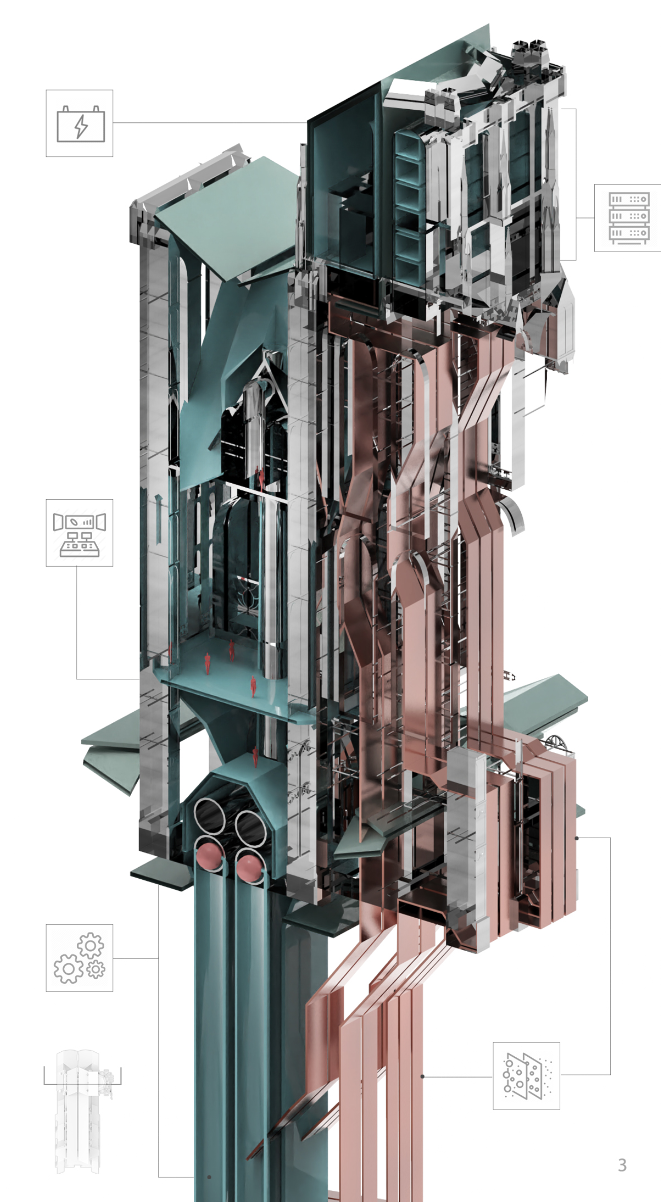 Exploded vertical system highlighting the interaction between structural shell, service cores, and bio-energy production units.