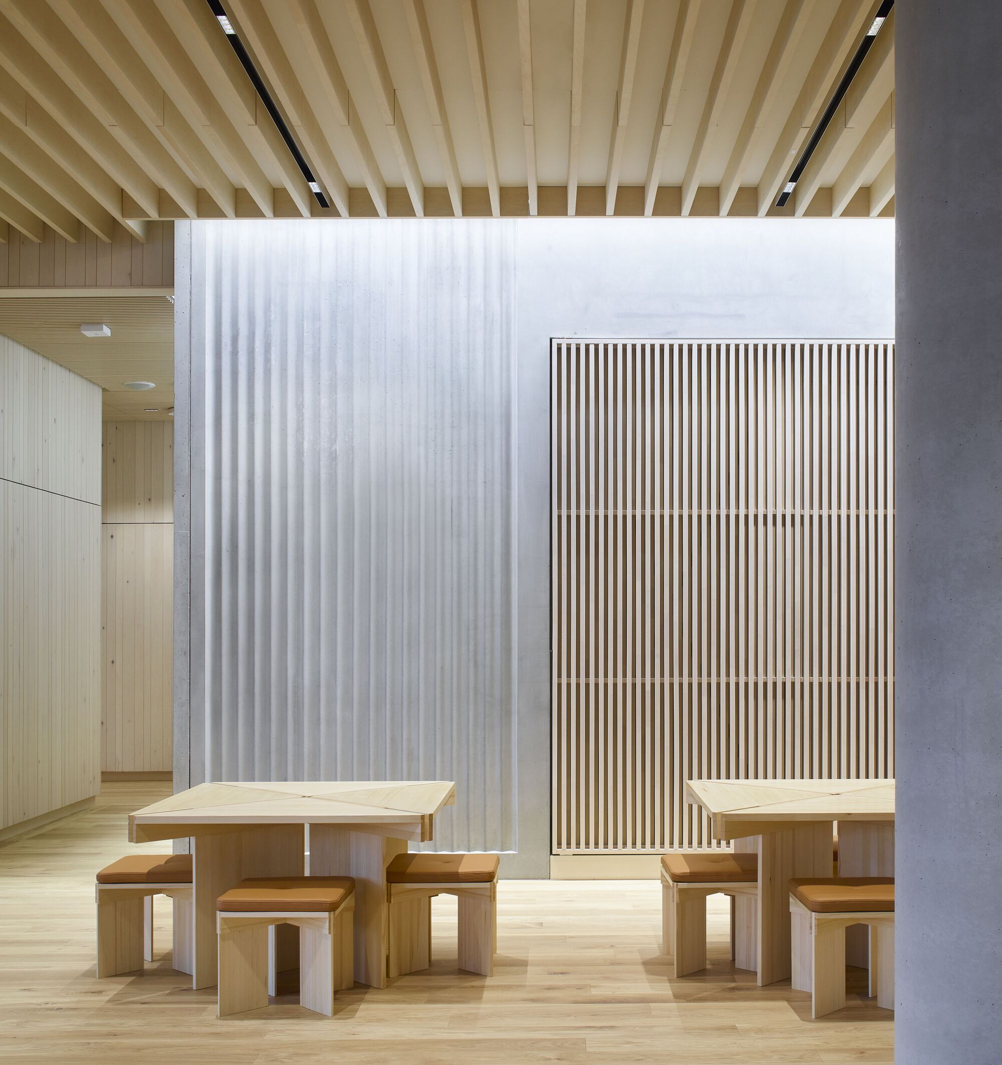 Reading area with timber benches and tables beneath a ribbed wood ceiling and translucent curtain
