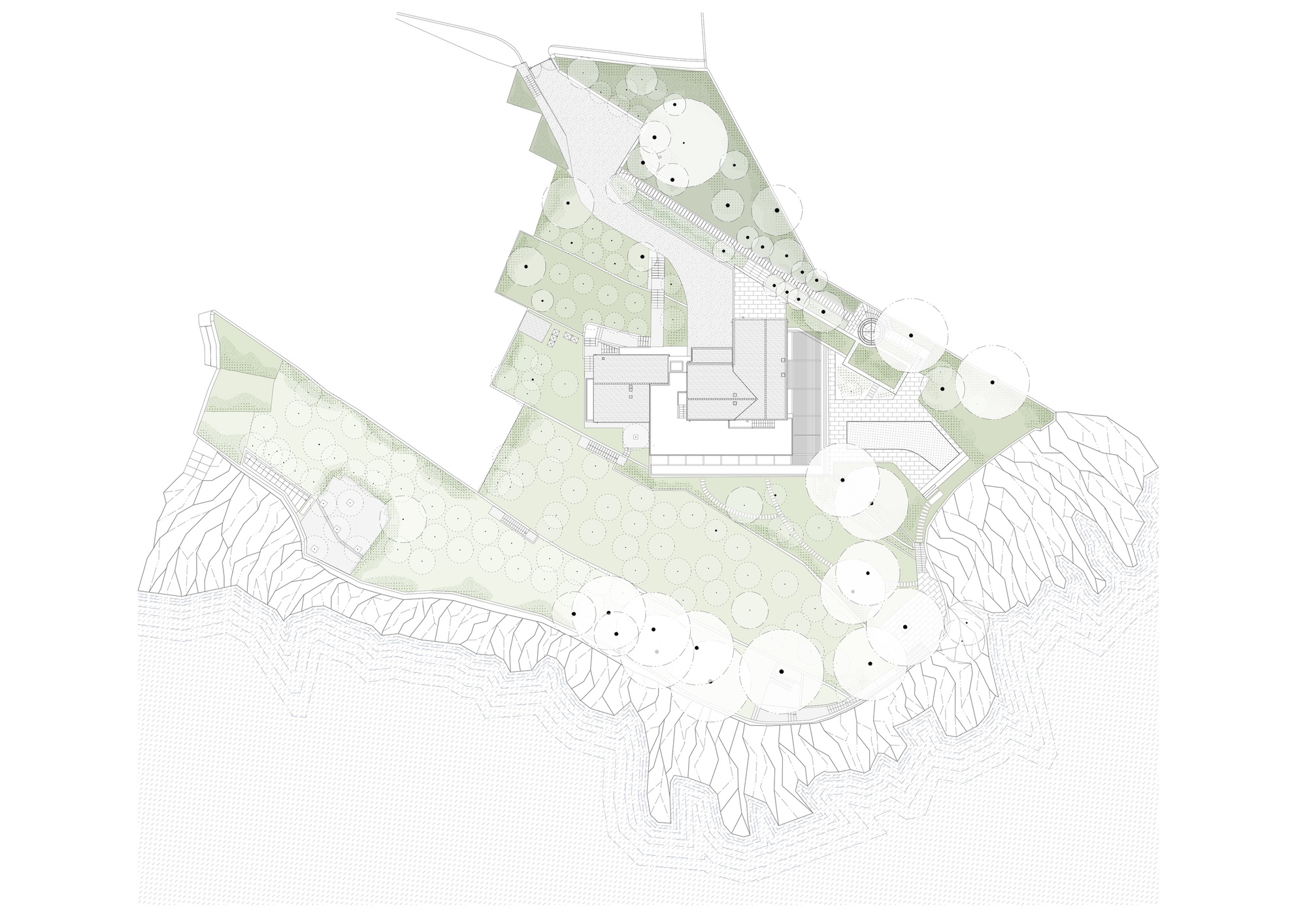 Site plan drawing showing building footprint and landscape terraces along a cliff edge