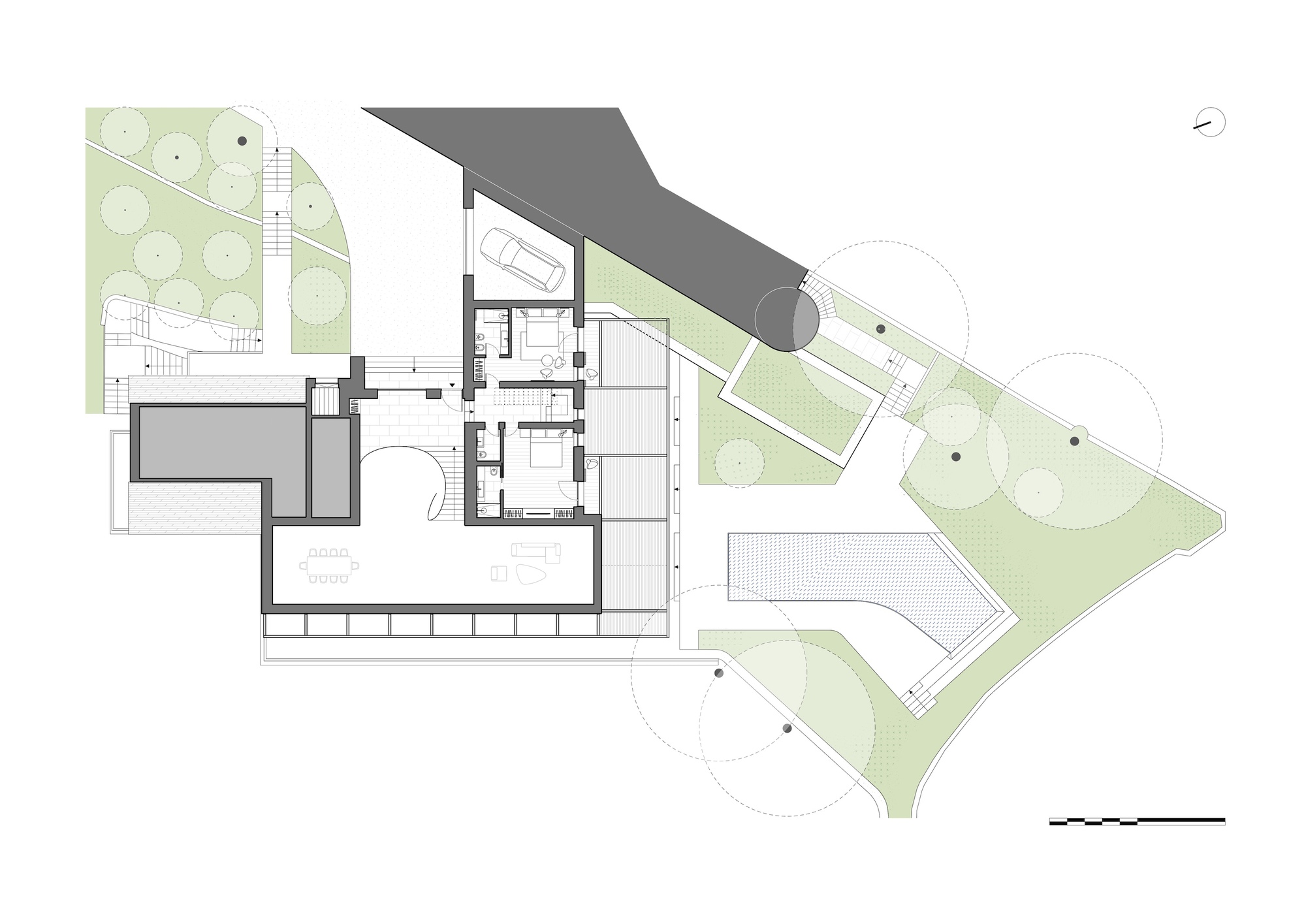 First floor plan drawing showing bedroom areas and a pool terrace with diagonal site orientation