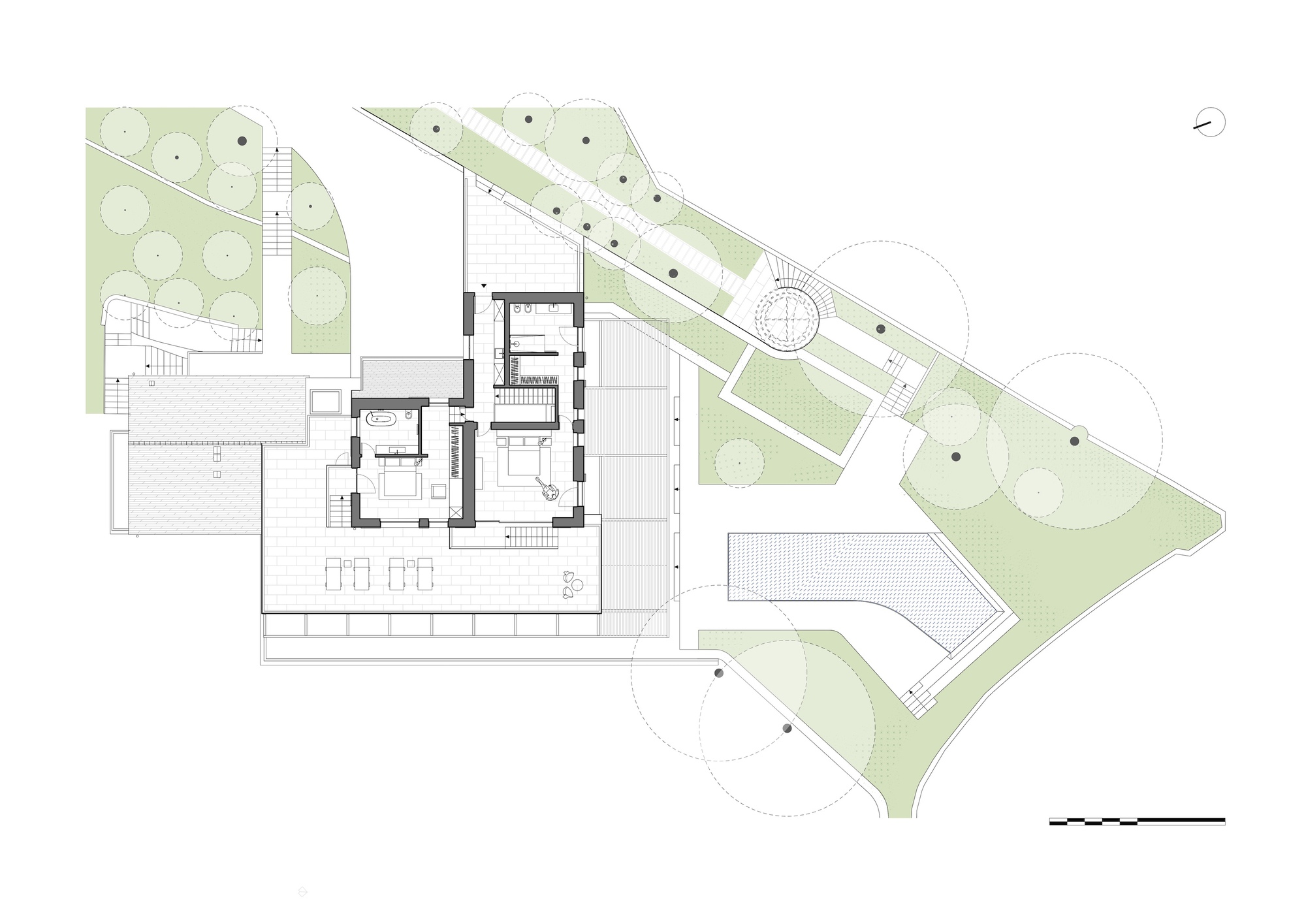 Second floor plan drawing showing roof terraces with planted gardens and circular water feature