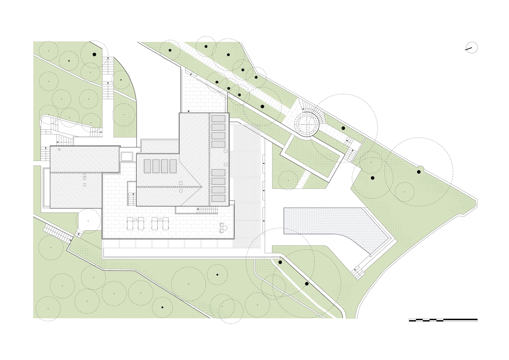 Roof plan drawing showing terrace areas with diagonal pathways and surrounding landscape zones