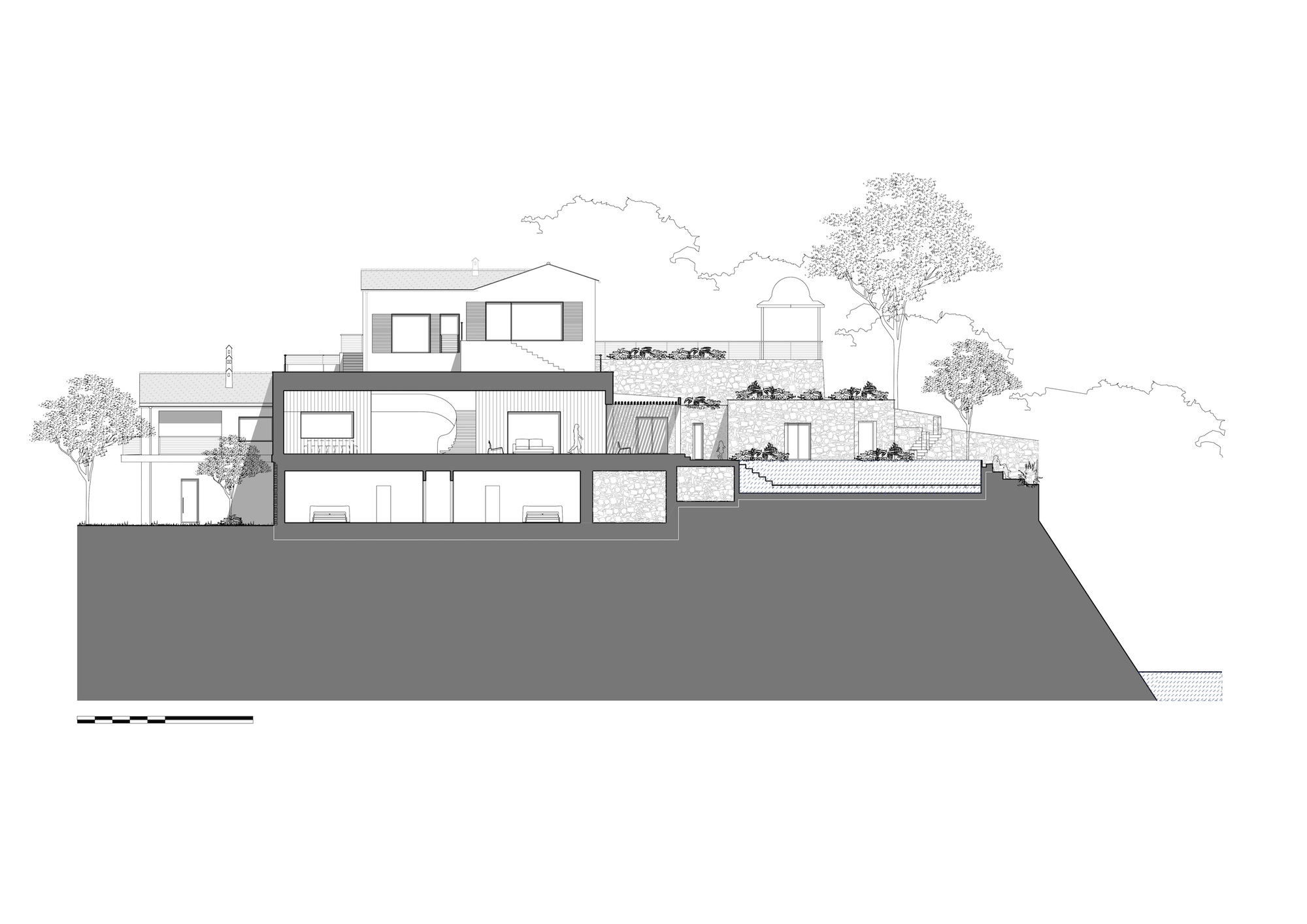 Section drawing revealing terraced levels stepping down a slope with trees and roof gardens