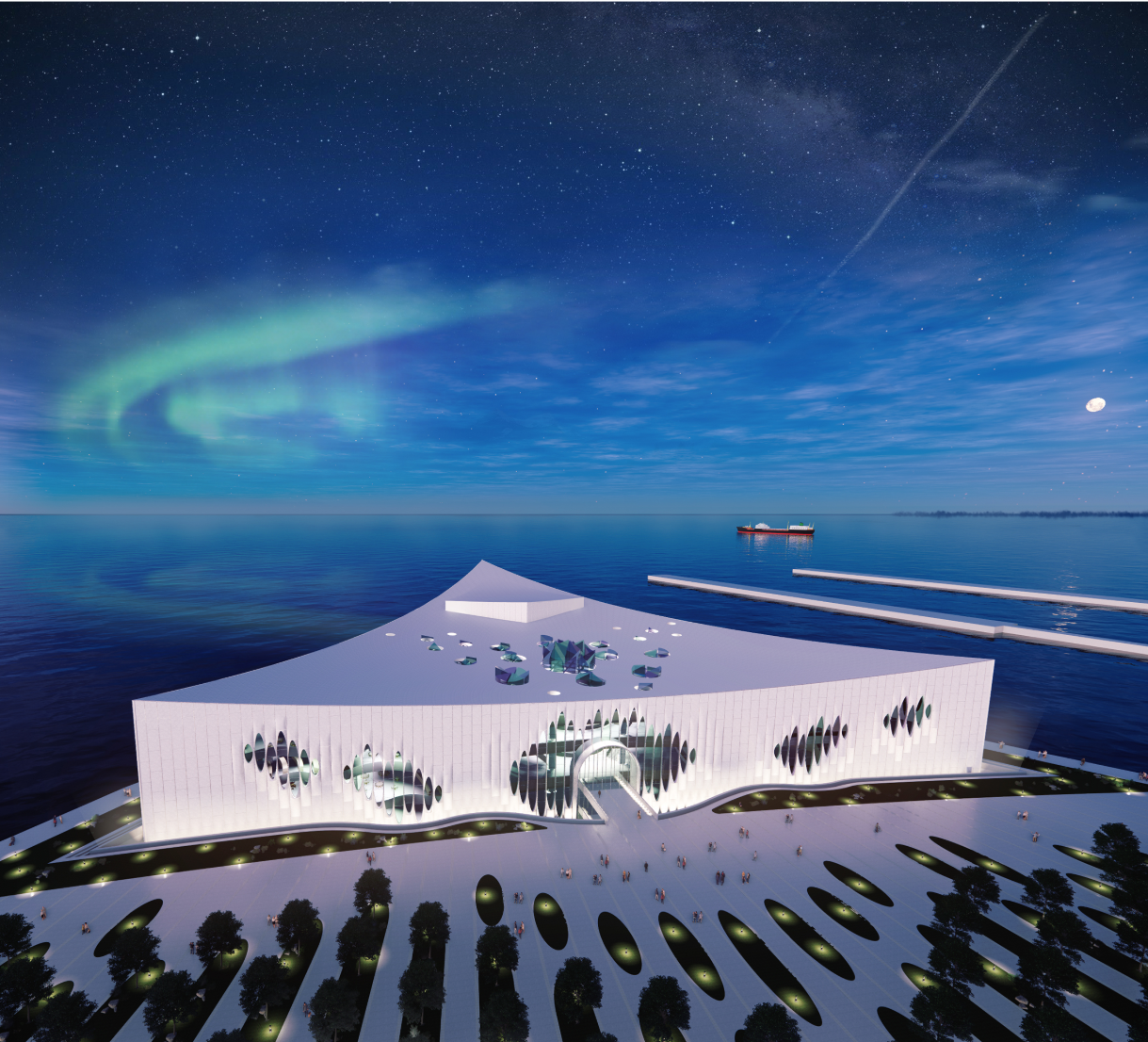 Opera house under aurora sky, merging culture with landscape