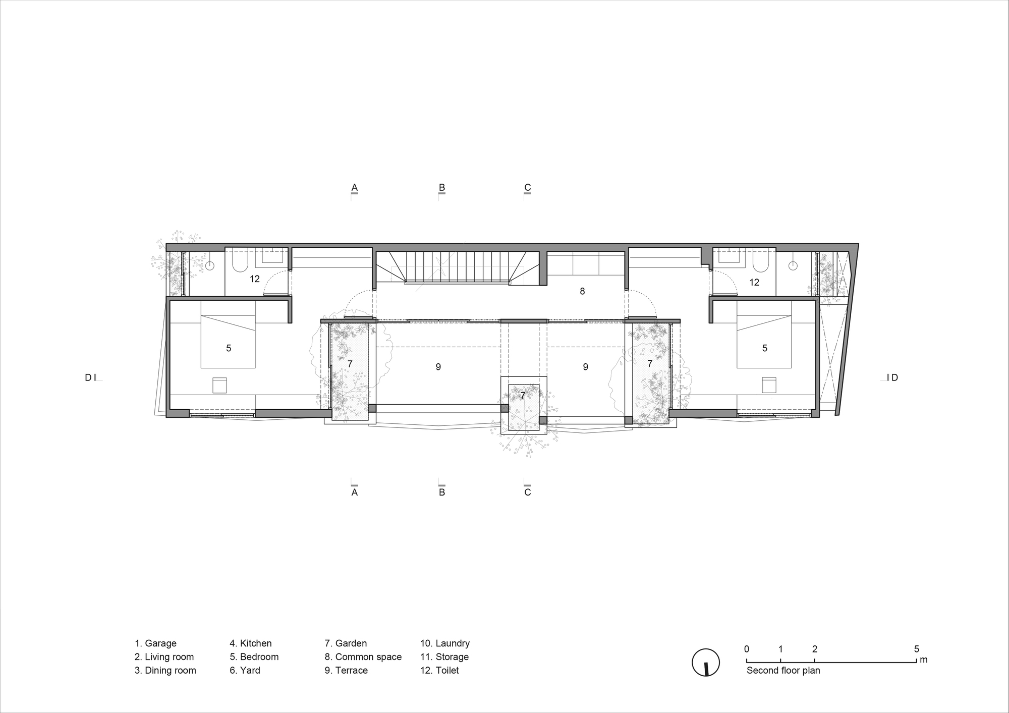 Second floor plan with two bedrooms flanking a central open space and planted voids