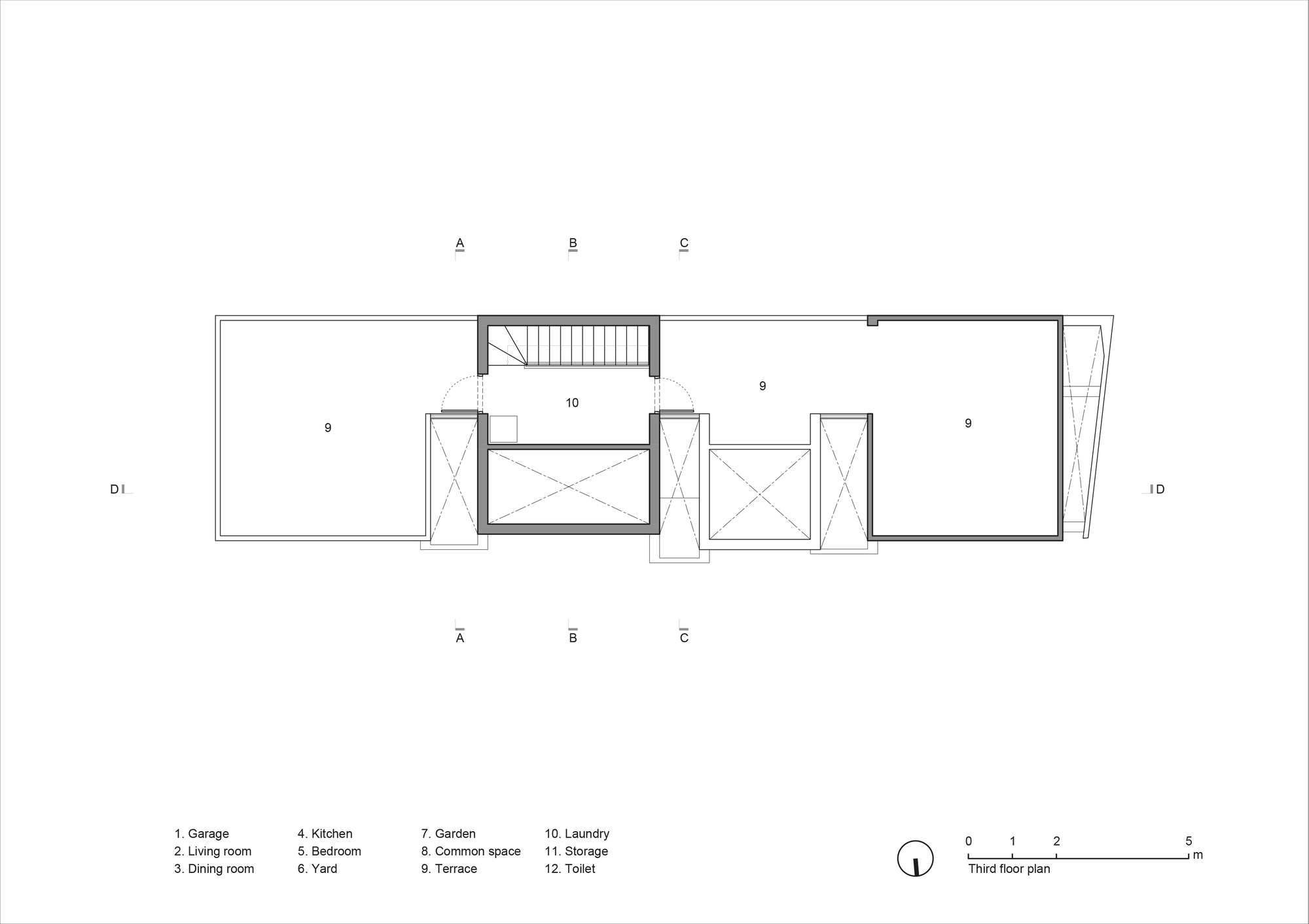 Third floor plan showing terrace spaces flanking a central stair and utility core