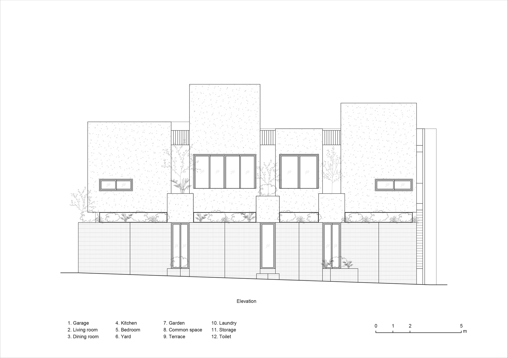 Elevation drawing depicting offset volumes with planted courtyards and ground-level garage openings