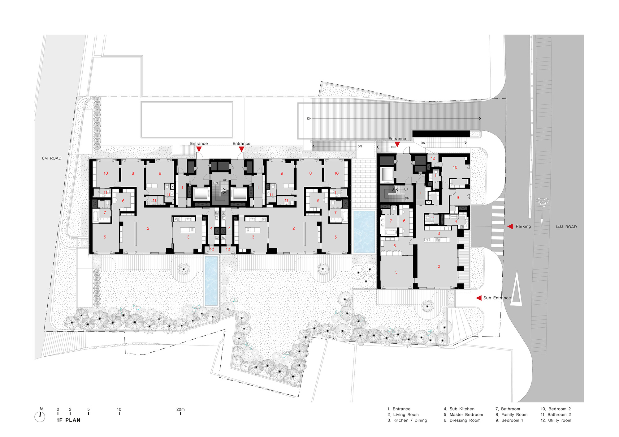 First floor plan drawing showing residential units arranged around two central cores and a pool