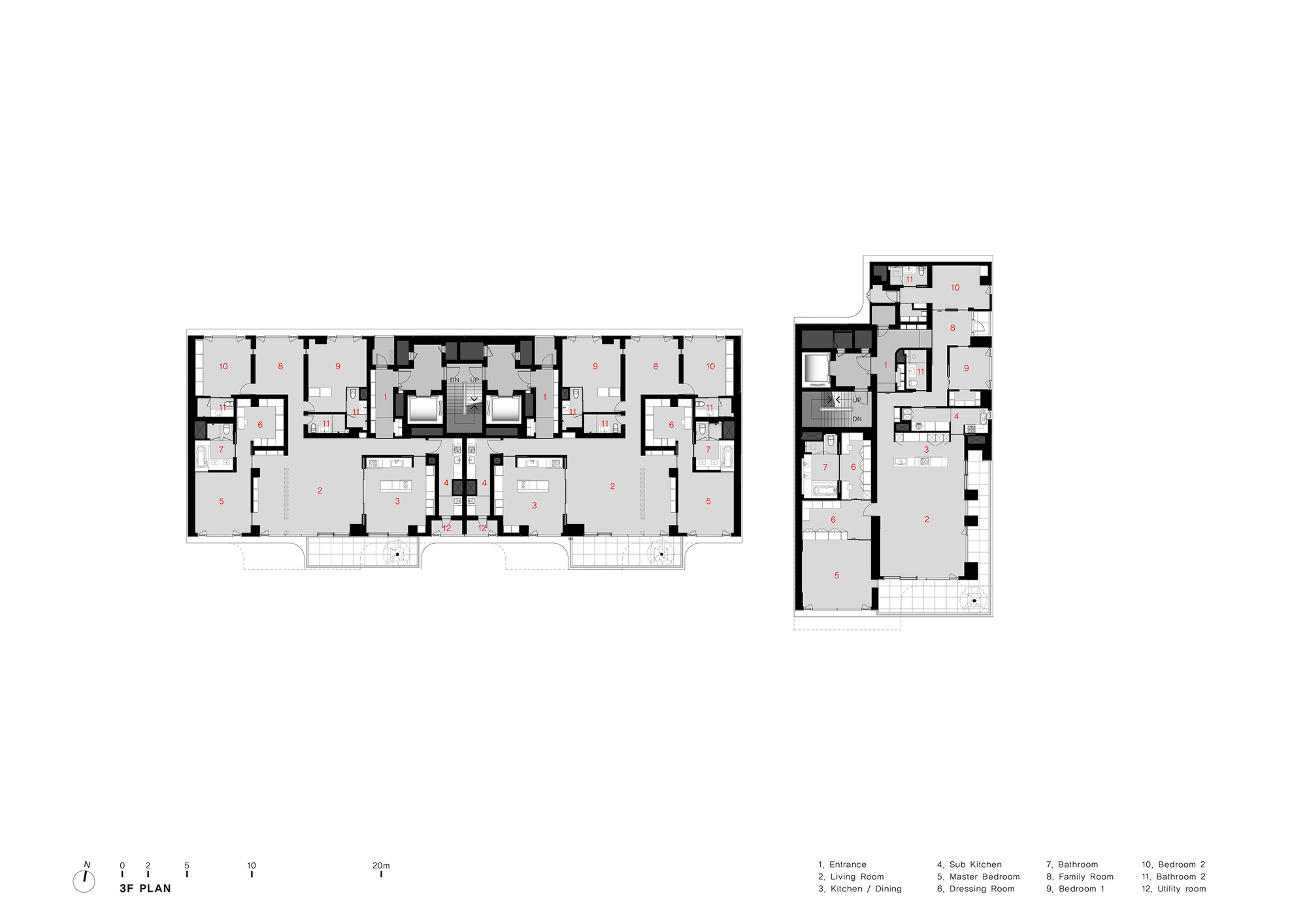 Third floor plan drawing showing two building volumes with multiple residential units and central circulation