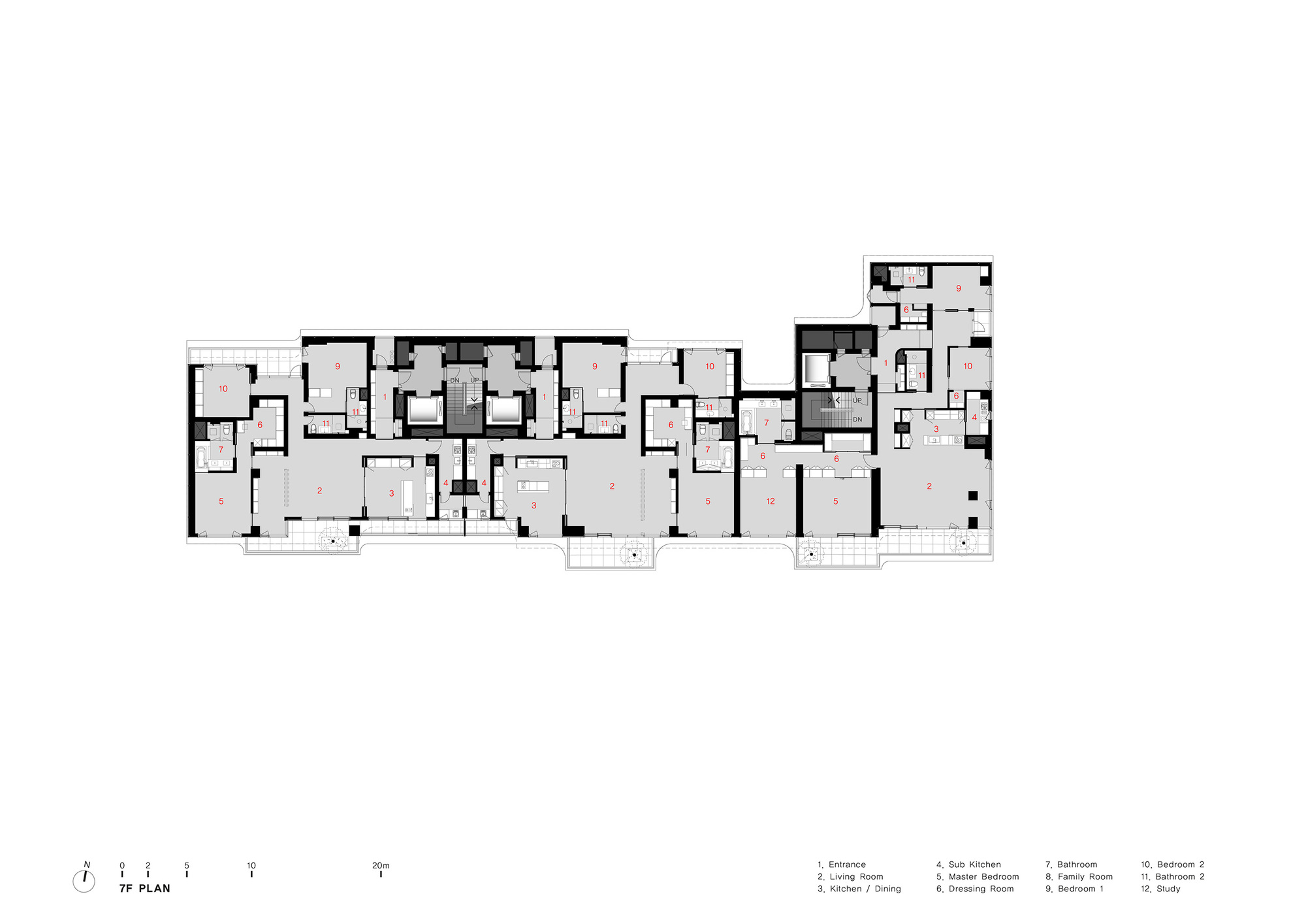 Floor plan showing multiple residential units arranged in a stepped linear configuration